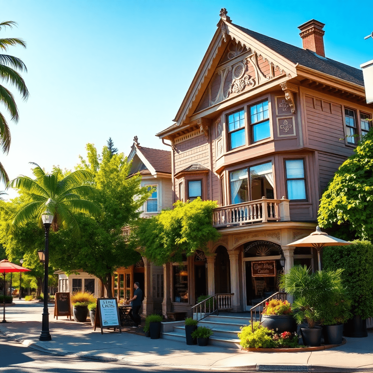 A charming Victorian home with intricate details on a picturesque street, surrounded by lush greenery and cozy cafes under bright blue skies.