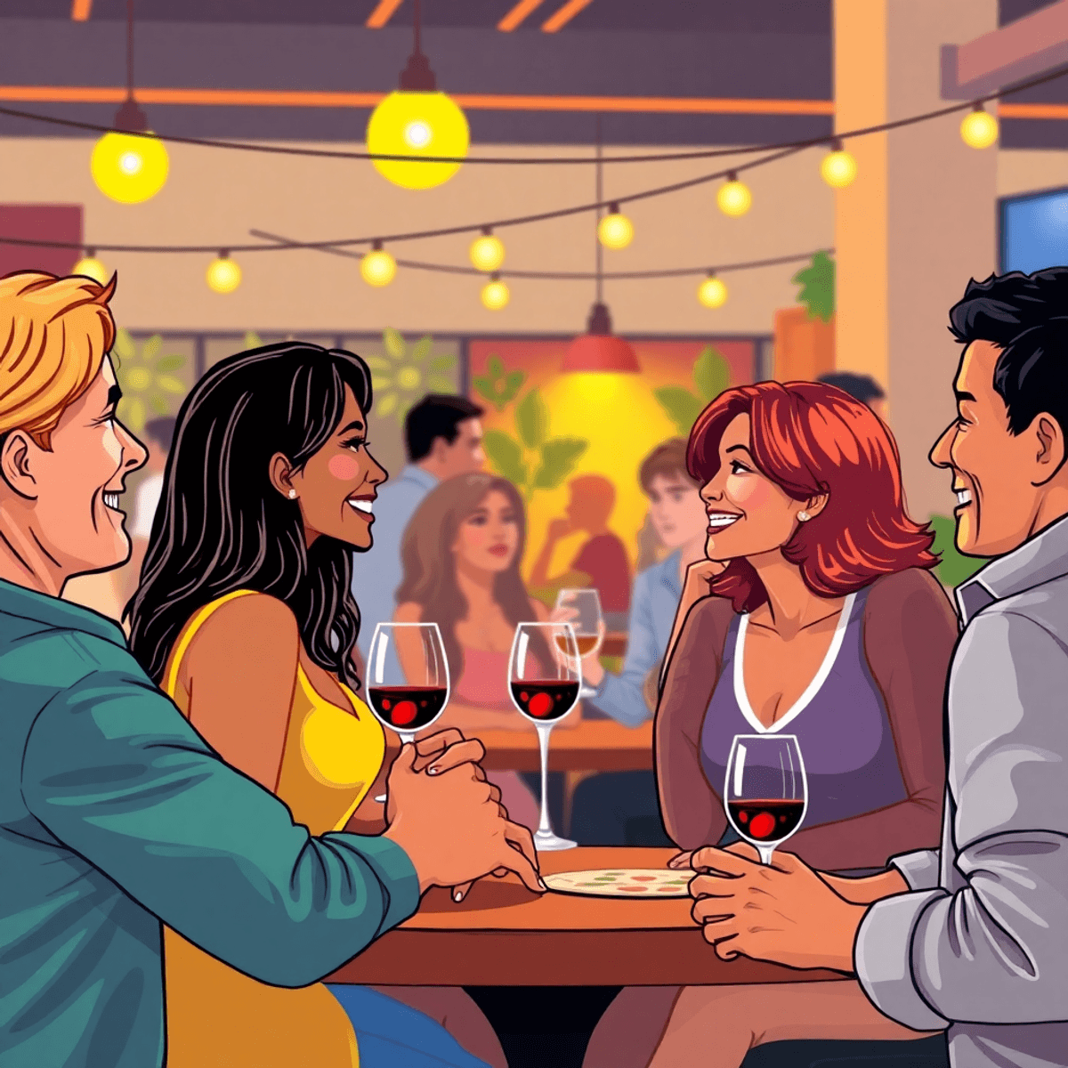 A lively singles event in Citrus, California, showcasing cheerful individuals engaging in conversation and enjoying wine tasting and games in a war...