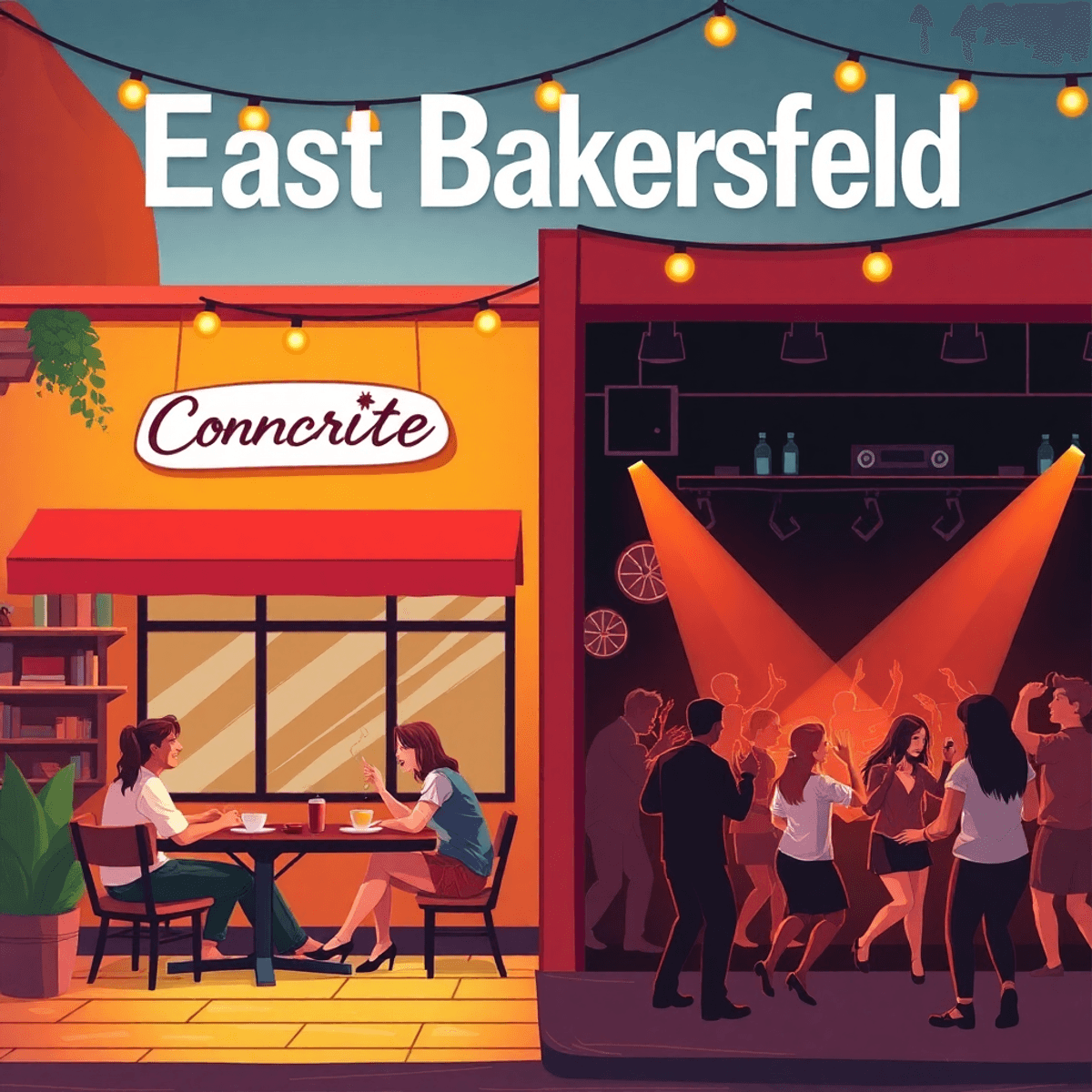 A cozy coffee shop and lively music venue in East Bakersfield, with couples enjoying coffee and people dancing, all in warm colors that convey comm...