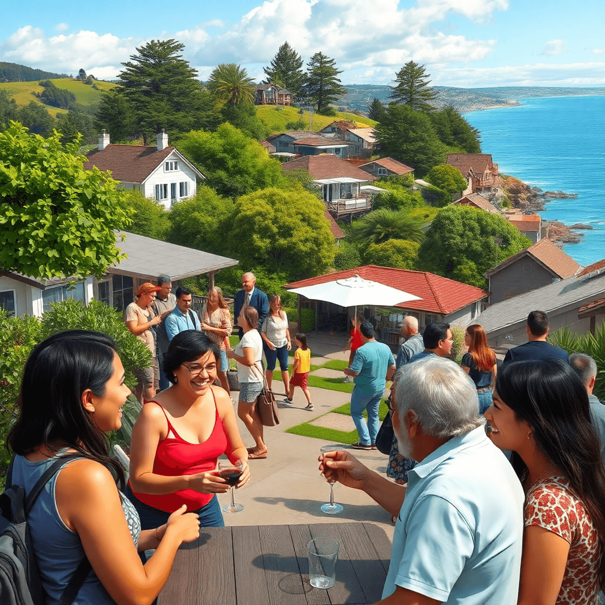 A picturesque coastal scene in Soquel, California, showcasing a vibrant community gathering with people enjoying outdoor activities amidst lush gre...
