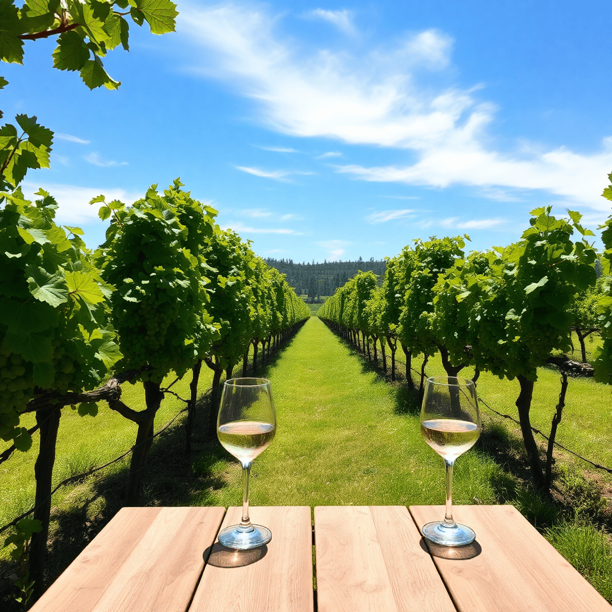 A scenic vineyard in Sonoma with vibrant grapevines, a clear blue sky, and a rustic wooden table set for a romantic picnic with wine glasses.