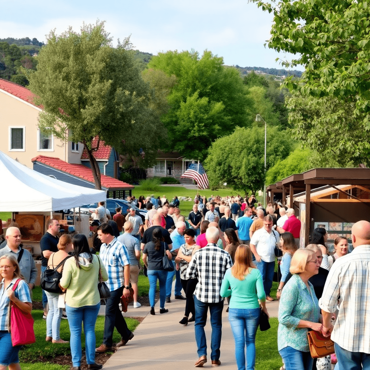 A scenic park in Clayton, California, bustling with people enjoying art displays, wine tasting booths, and live music amidst lush greenery and a ch...