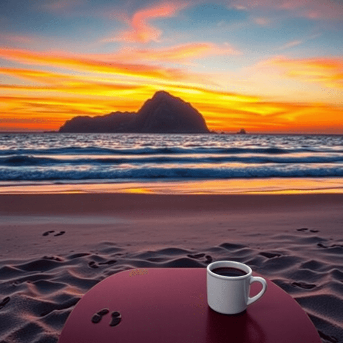 A vibrant sunset over Morro Rock in Morro Bay, with colorful reflections on the ocean, gentle waves on a serene beach, and a cozy café table with t...