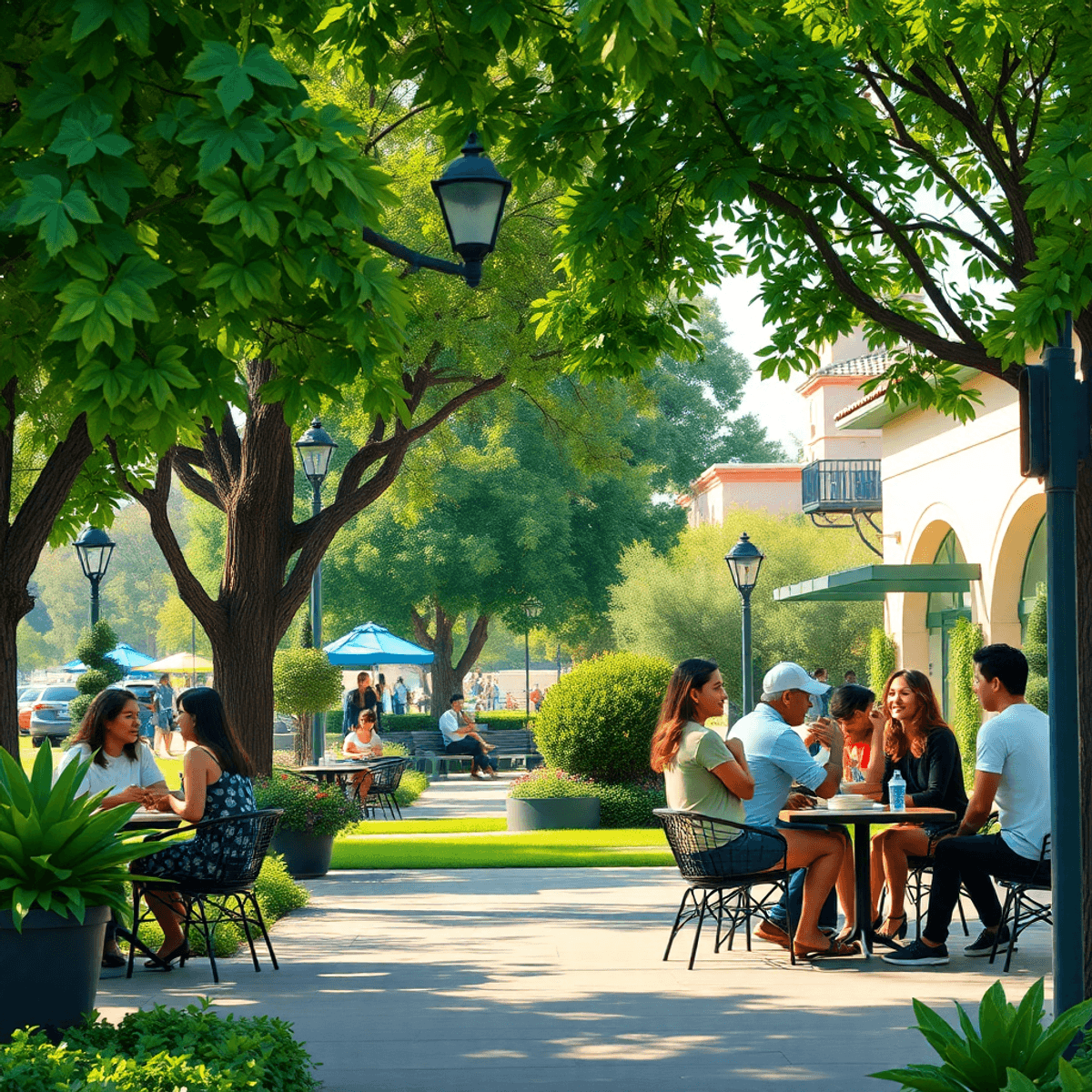 A scenic view of Potomac Park with lush greenery, a cozy café, and people enjoying conversations and activities, capturing a vibrant sense of commu...