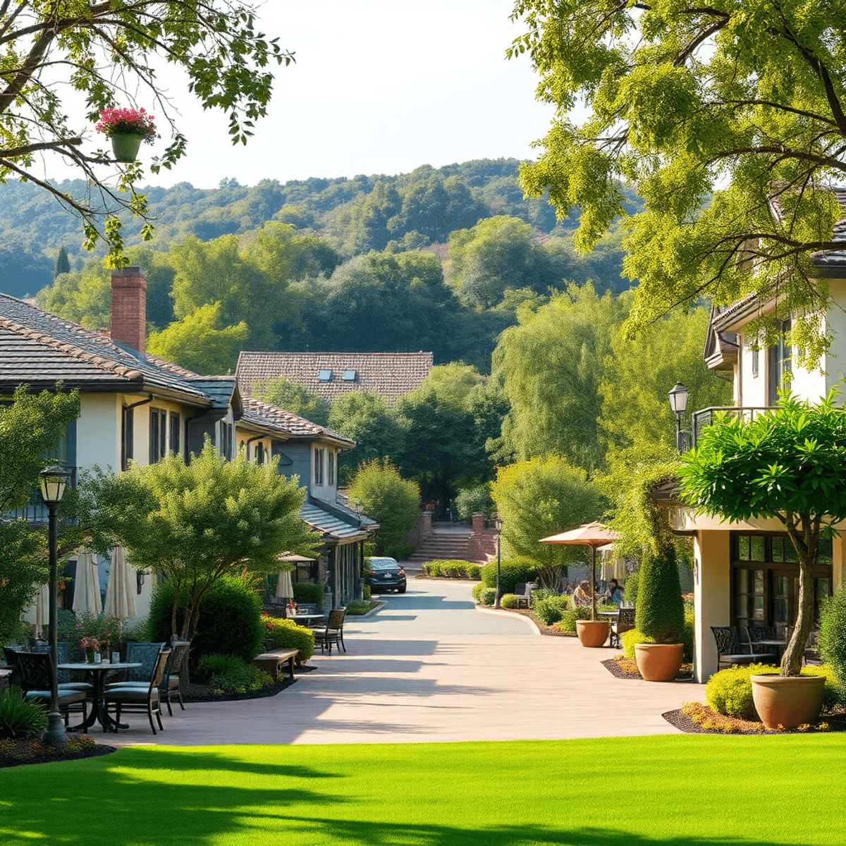 A charming suburban scene in California with lush greenery, an outdoor cafe, and a stylish country club entrance, creating a warm and inviting atmo...