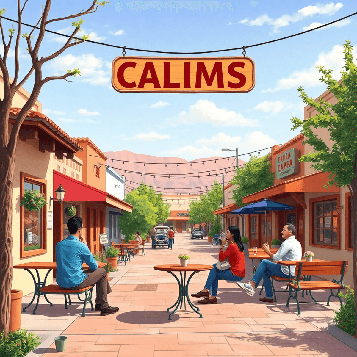 A charming small-town street in Calimesa, California, with local cafes, trees, benches, and people enjoying coffee and conversations, embodying com...