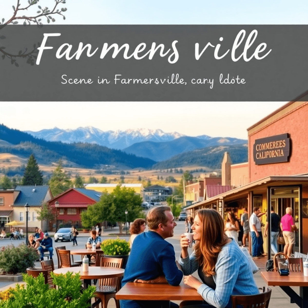 A scenic view of the Sierra Nevada Mountains with a cozy café, a couple enjoying coffee, and hints of community events, evoking warmth and connection.