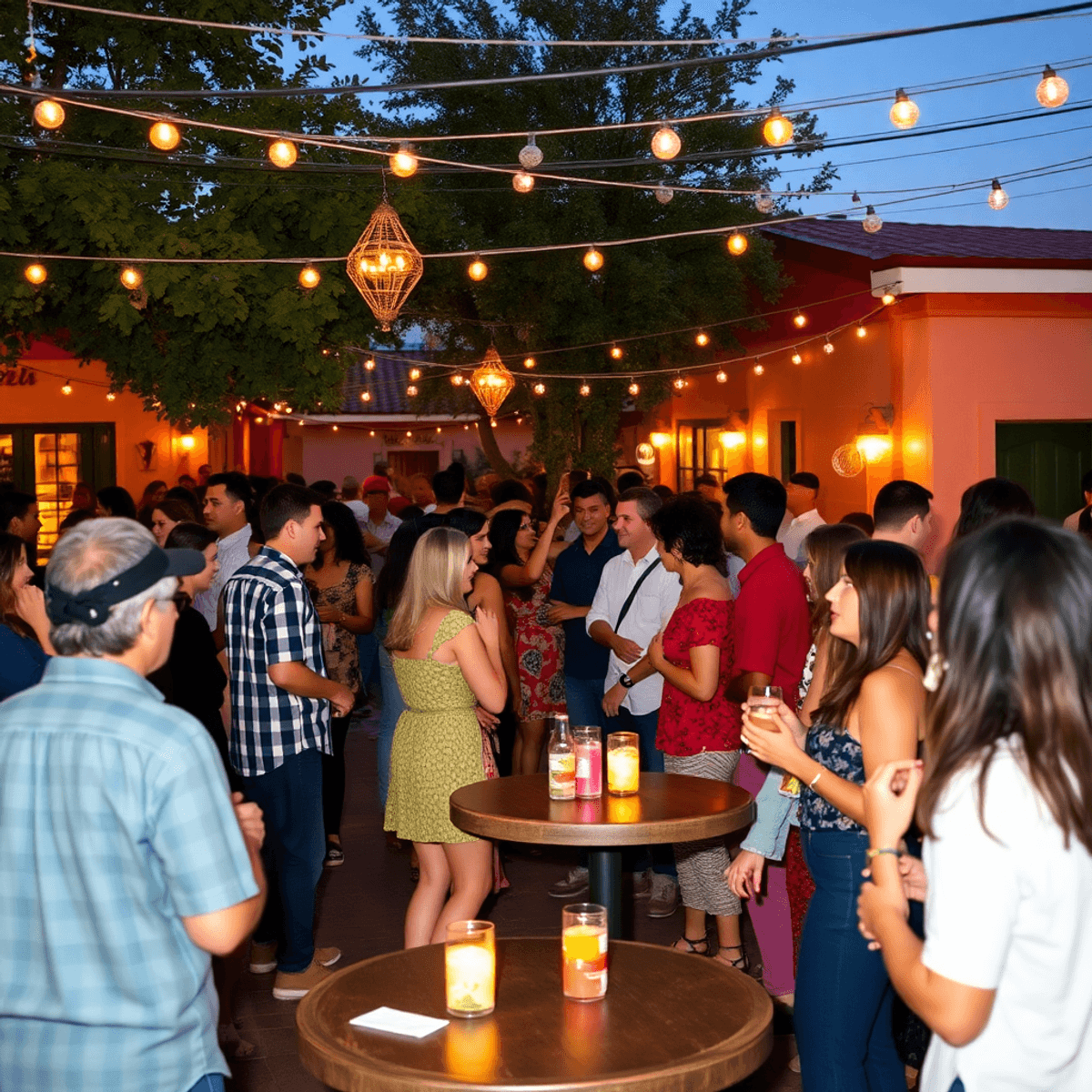 A lively outdoor mixer in a small town, with singles engaging in conversation, enjoying live music, and participating in games under warm lighting ...