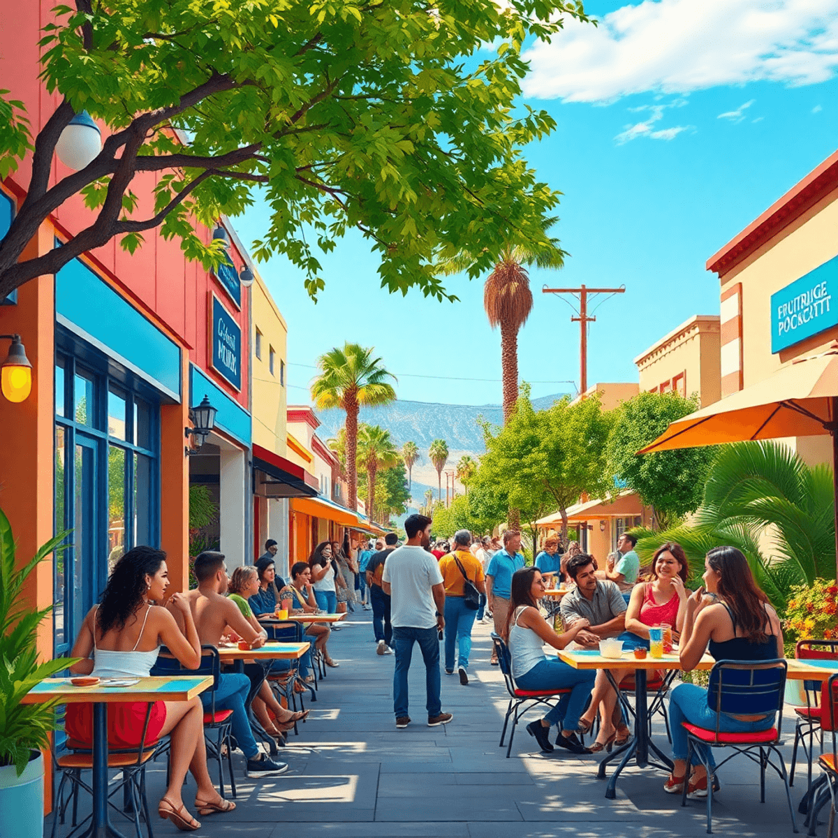 A lively outdoor café scene in Fruitridge Pocket, California, featuring colorful tables, lush trees, and singles enjoying the vibrant atmosphere.