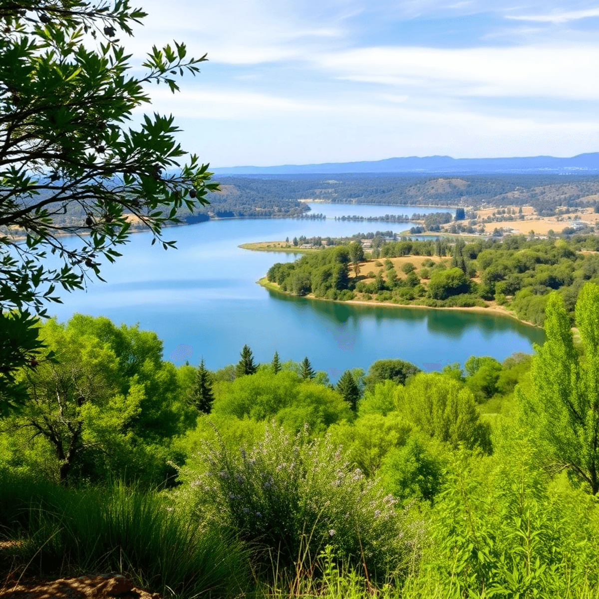 A serene lake surrounded by lush greenery and hiking trails, evoking warmth and community connections in Rancho Murieta, California.