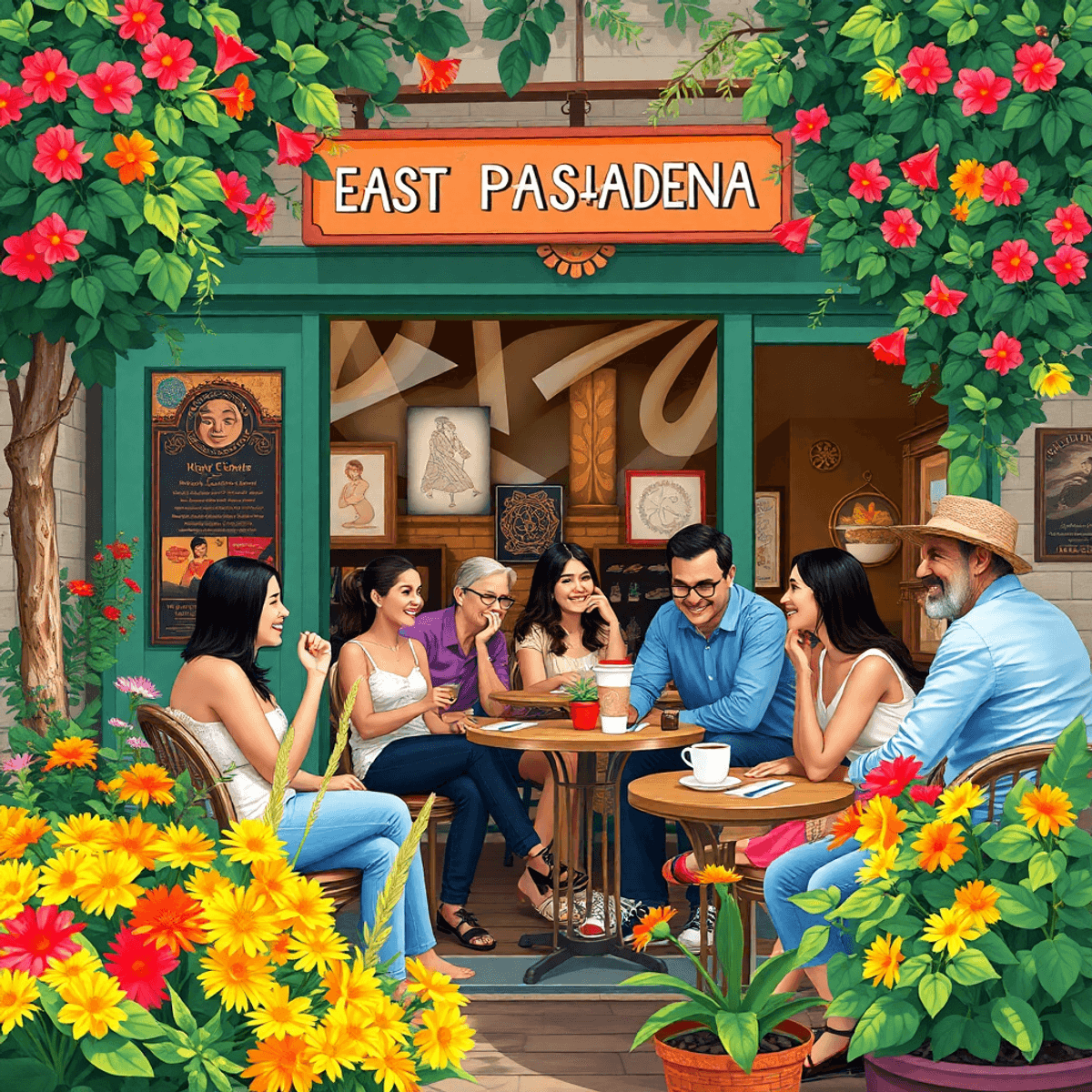 A cozy outdoor café in East Pasadena, filled with colorful flowers and people enjoying coffee and conversation, creating a friendly atmosphere with...