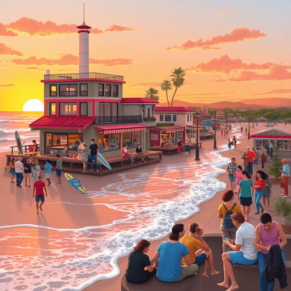 A vibrant coastal scene at Pleasure Point, Santa Cruz, showcasing surfers riding waves, bustling beach cafes, and a sunset backdrop with people enj...