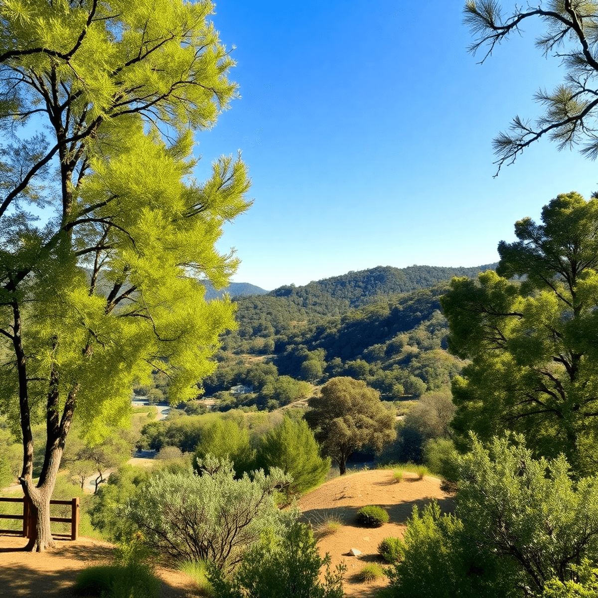 Lush eucalyptus trees and picturesque hiking trails under a clear blue sky in Eucalyptus Hills, California, creating a tranquil and romantic atmosp...