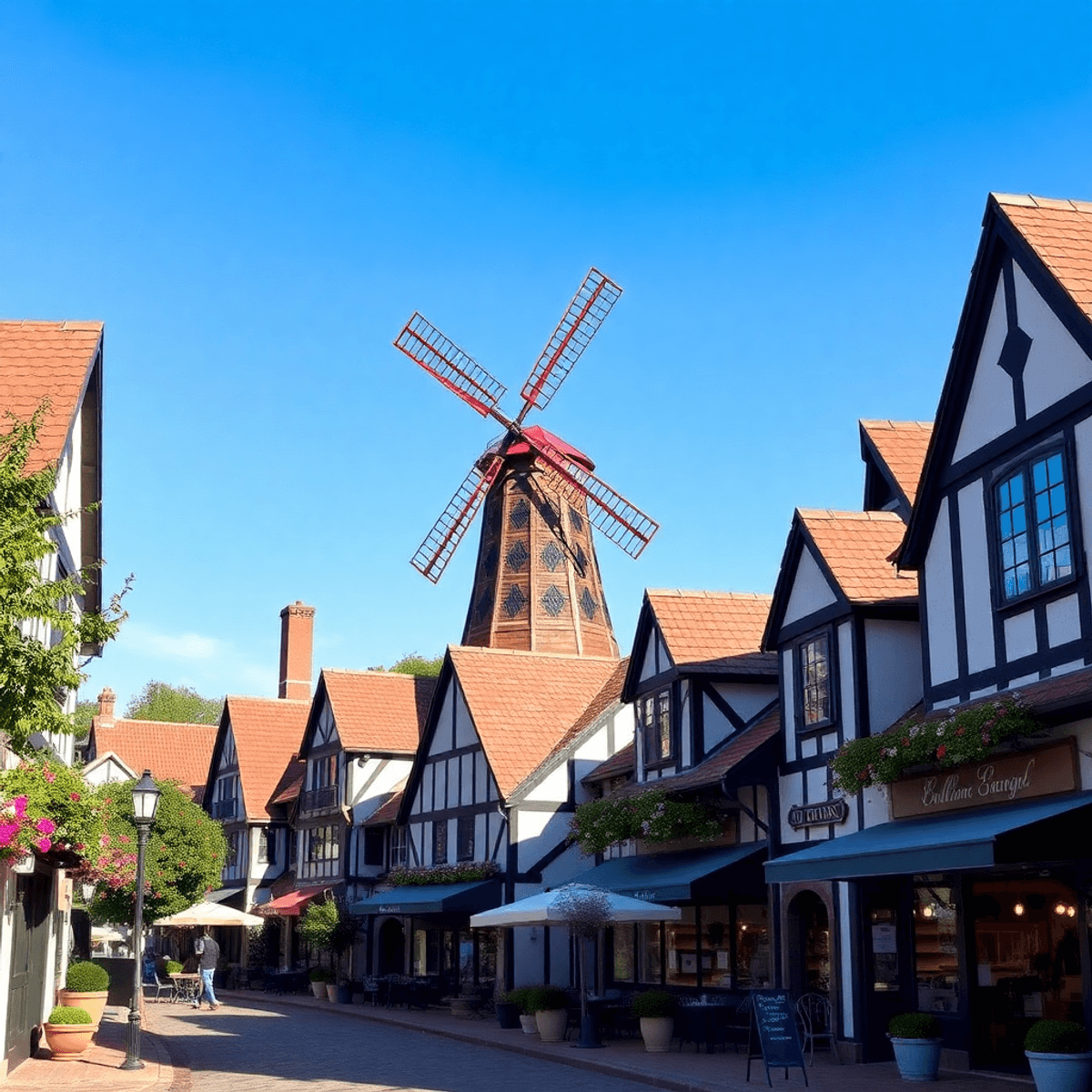 A scenic view of Solvang, California, featuring Danish-inspired architecture, half-timbered buildings, a windmill, cobblestone streets, and charmin...