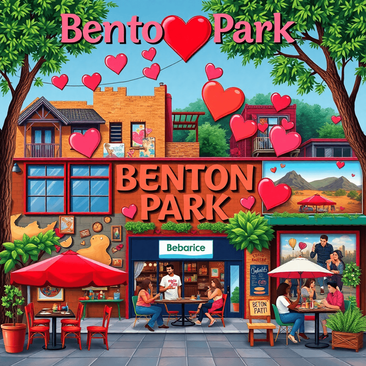 A colorful collage showcasing the dating scene in Benton Park, featuring heart shapes, trendy cafes, outdoor activities, local art, and scenic view...