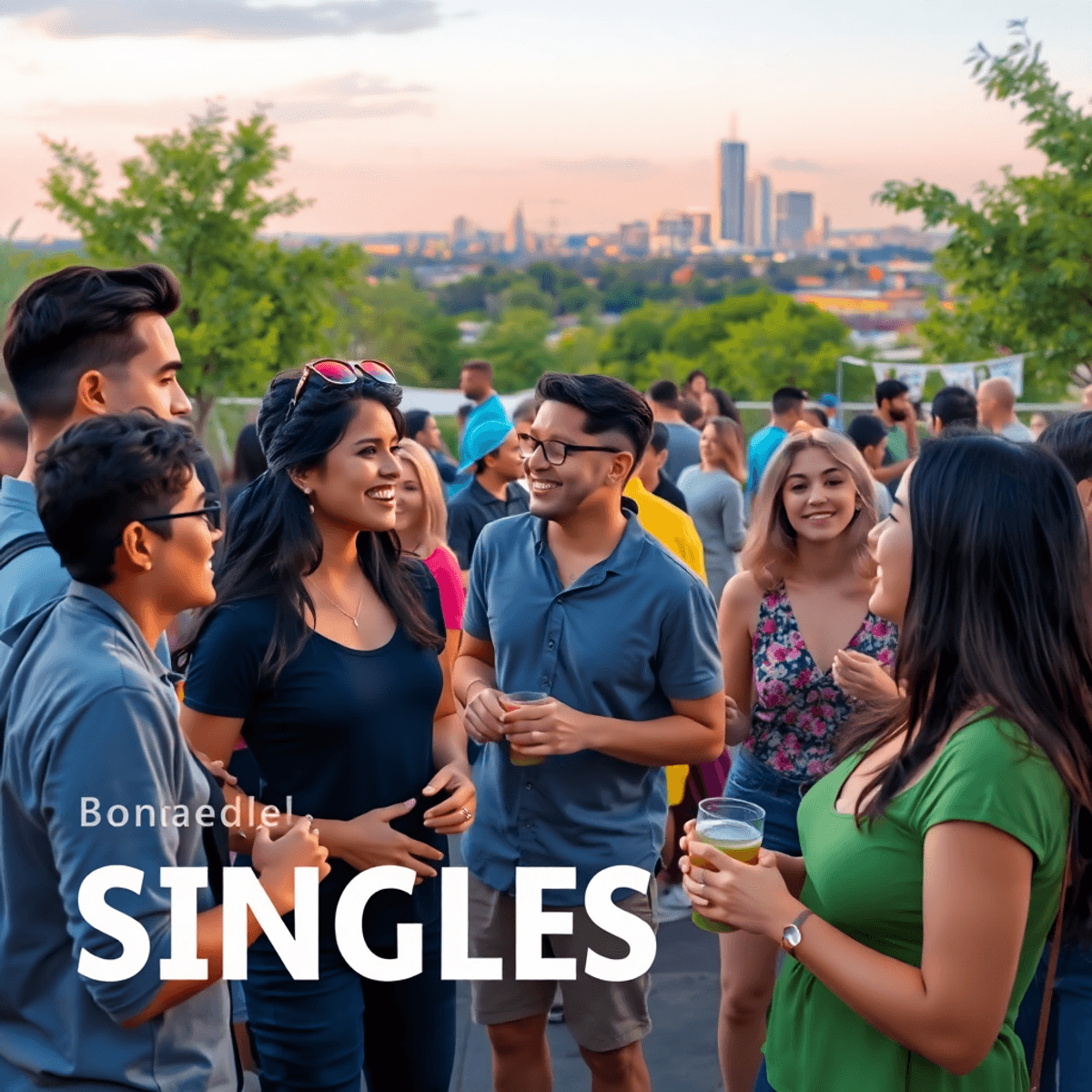 A lively singles event in an outdoor venue with young adults engaging in conversation and activities, surrounded by trees and a city skyline.