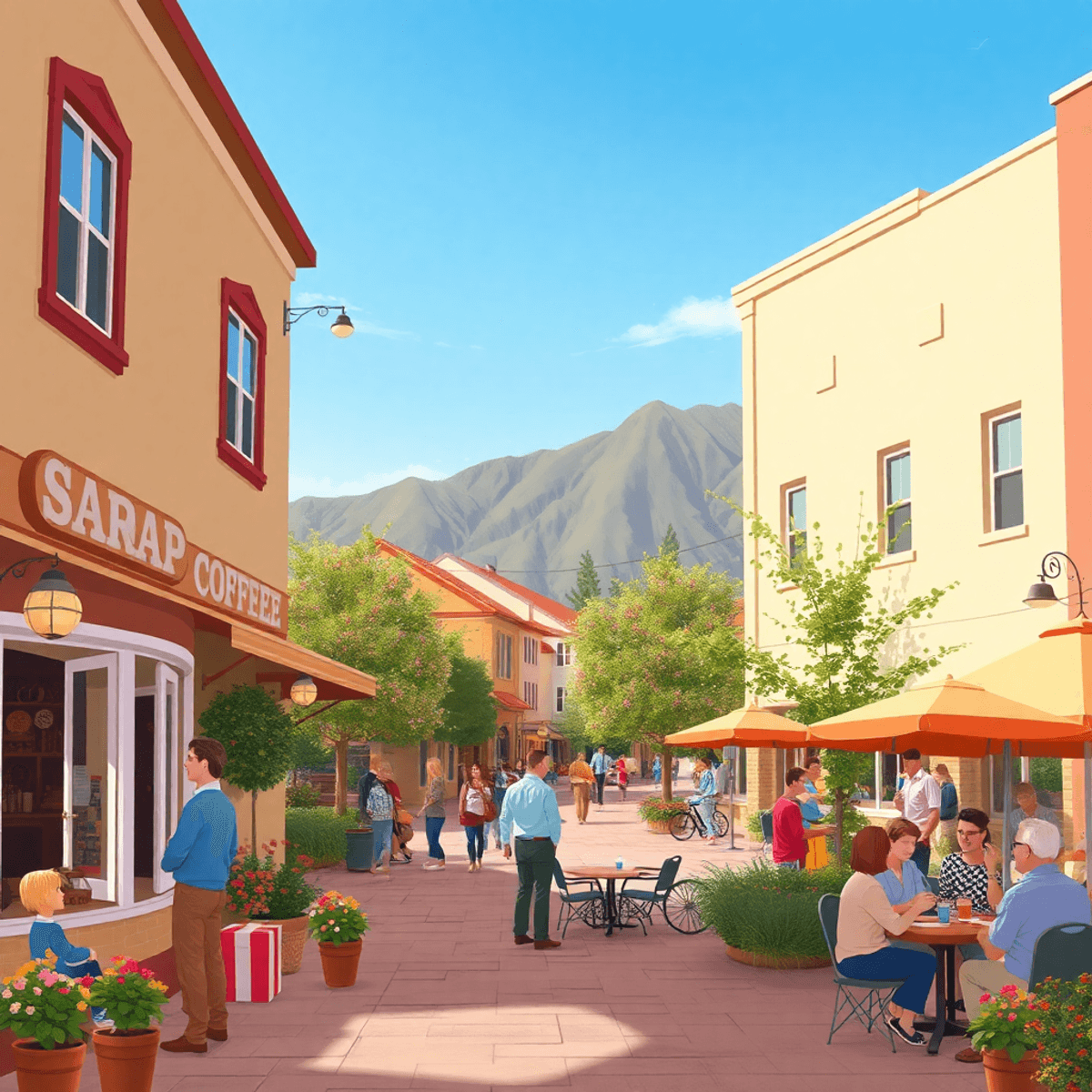 A charming small-town street in Saranap, California, with cozy coffee shops and vibrant parks, showcasing people engaging in conversations and enjo...
