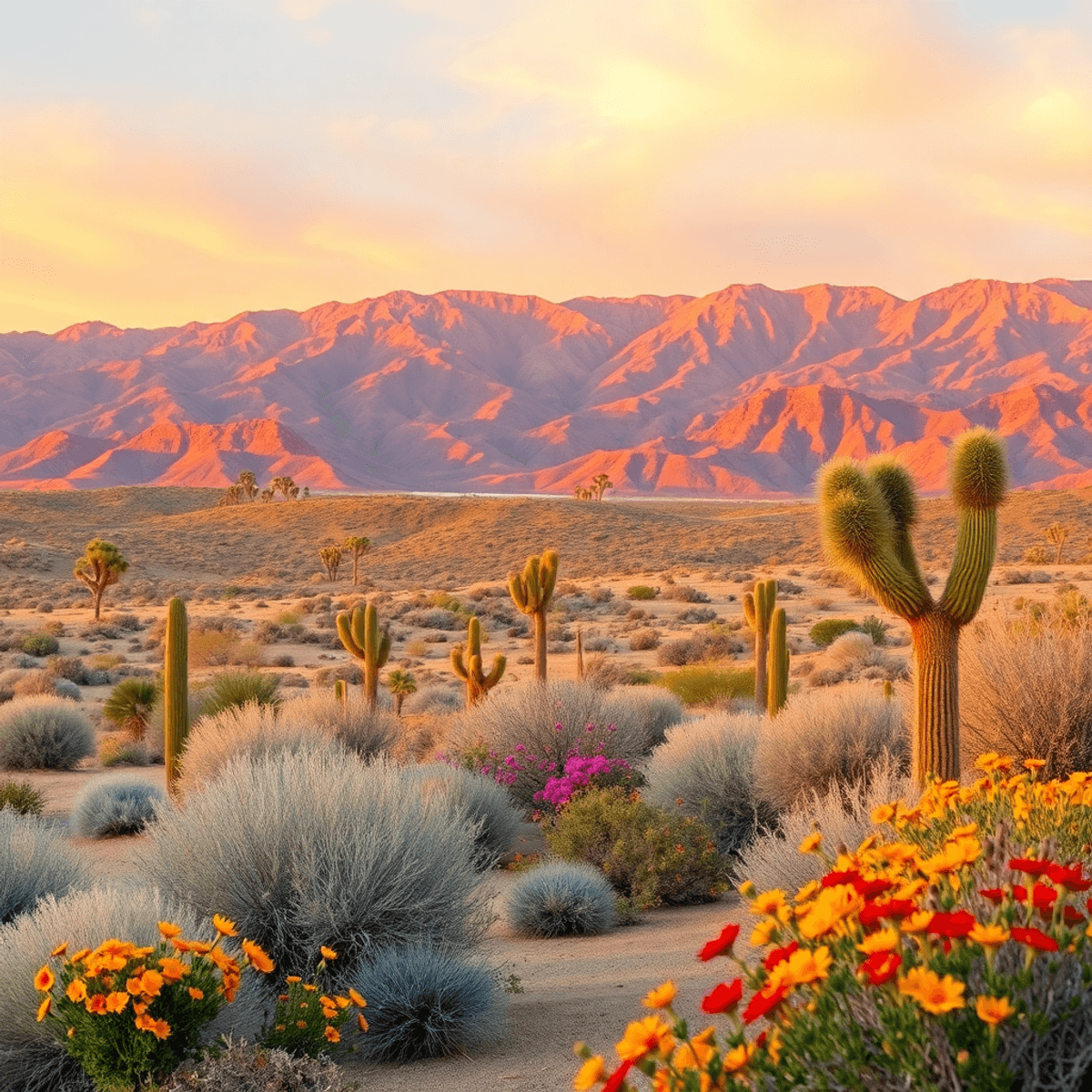 A breathtaking desert landscape with the San Bernardino Mountains in the background, Joshua trees, vibrant wildflowers, and a warm sunset illuminat...