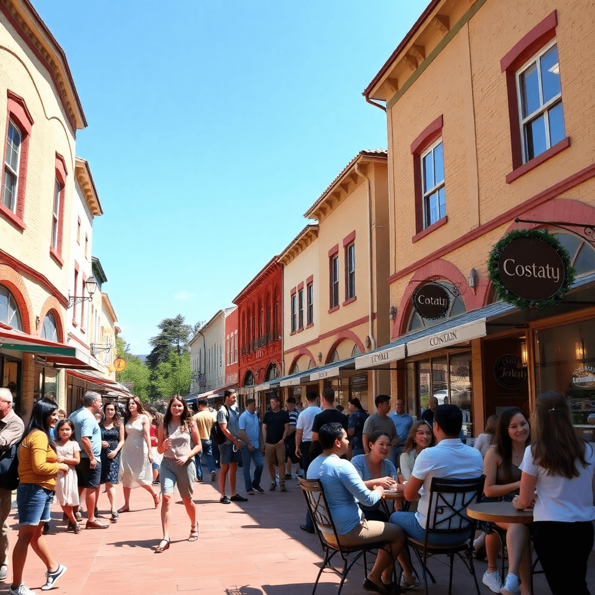 A lively scene at Cotati's hexagonal plaza, filled with people laughing and conversing under the sun, surrounded by charming shops and inviting out...