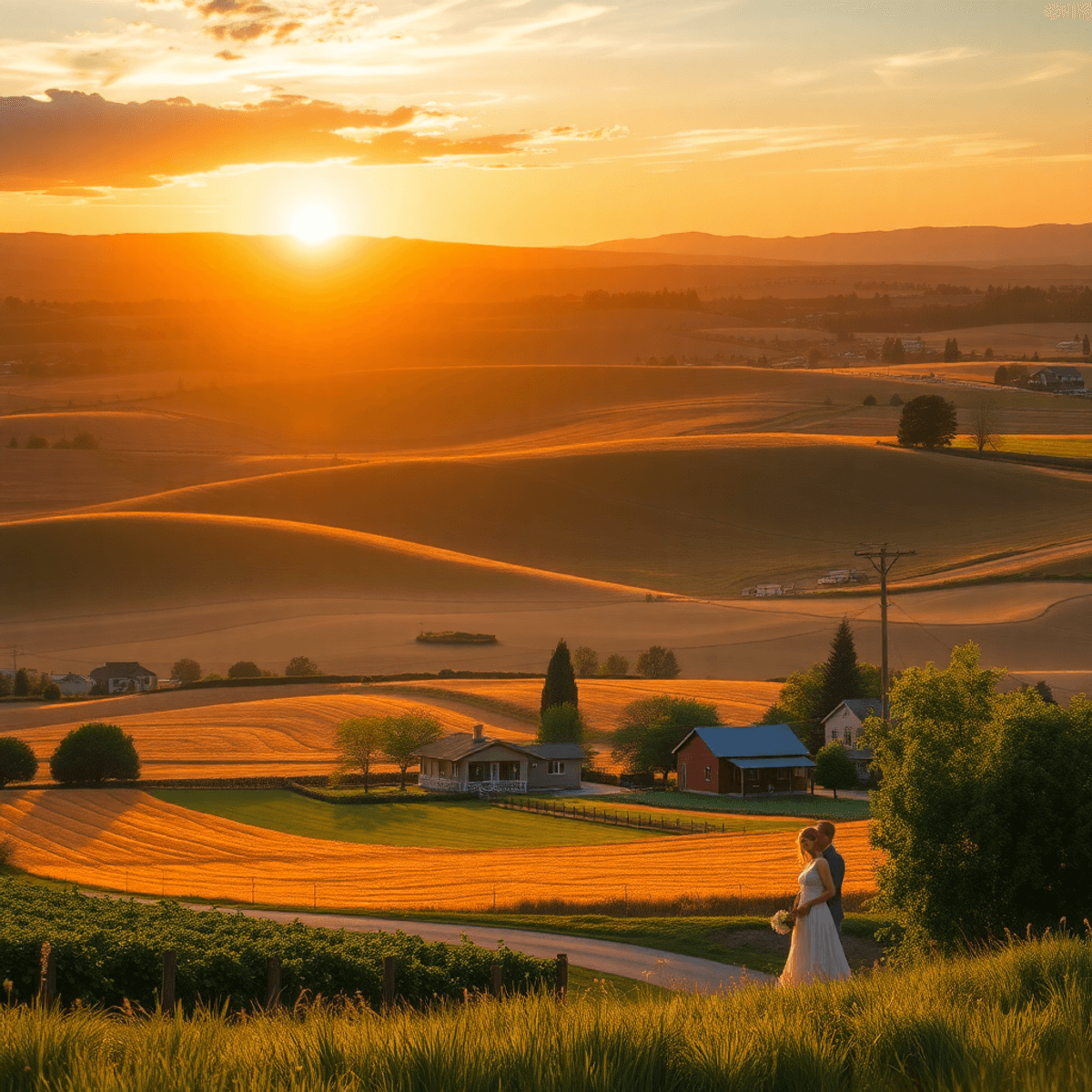 A serene sunset over rolling farmlands in Earlimart, California, with a couple enjoying a peaceful moment and hints of community in a charming smal...