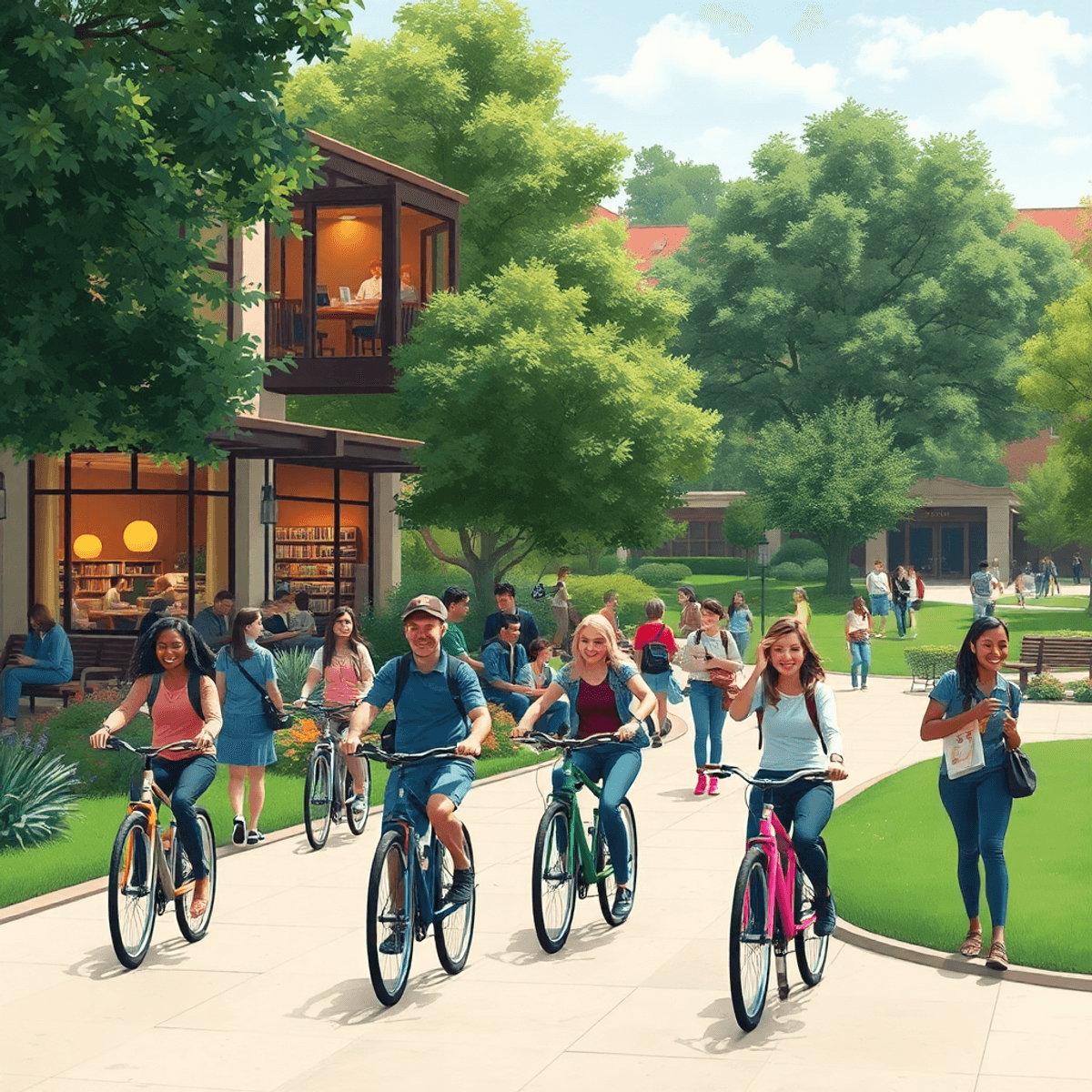 A lively college campus scene with students biking and socializing in outdoor spaces, surrounded by greenery and inviting study areas, reflecting c...