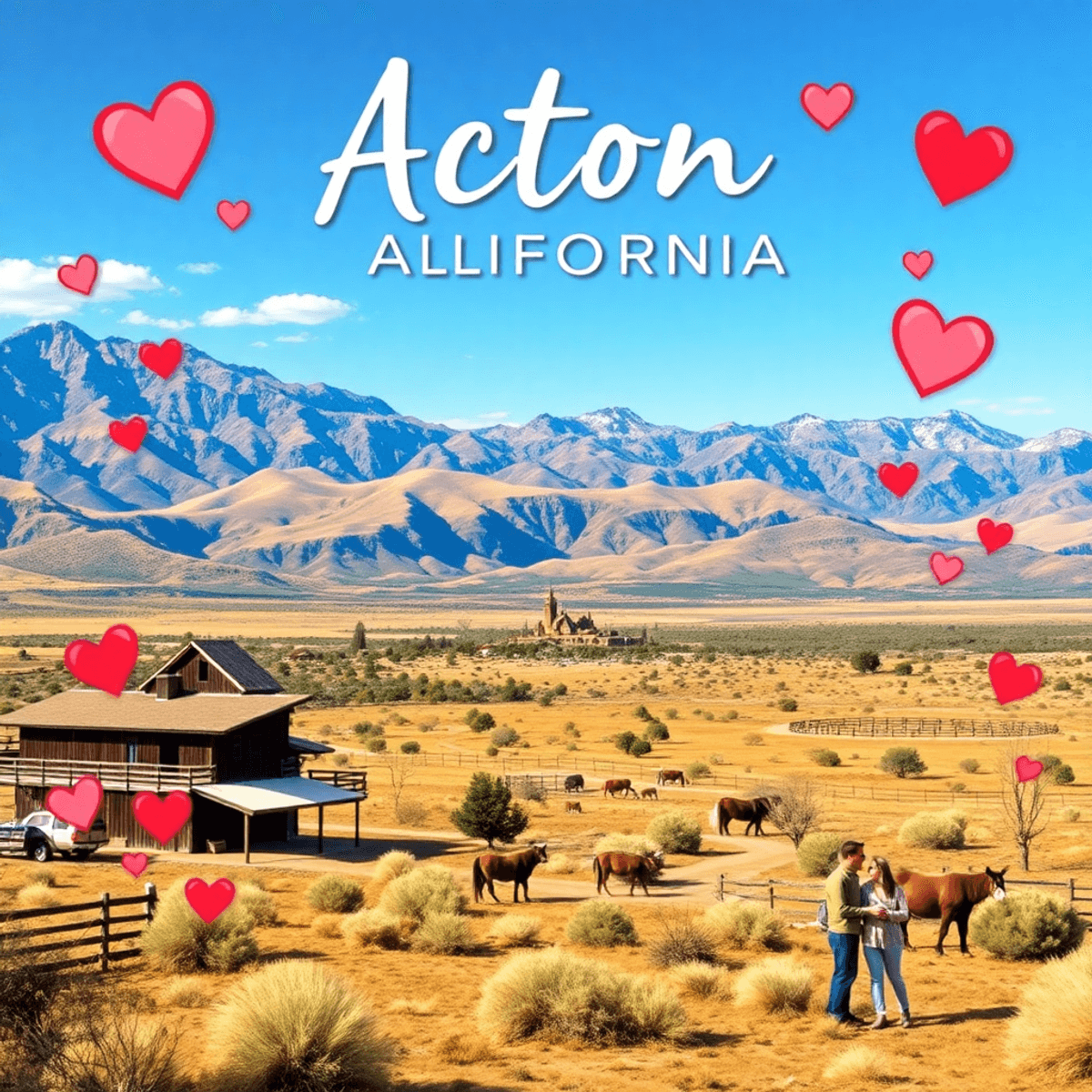 A scenic view of Acton, California, featuring rustic ranches and desert landscapes, with hearts and couples enjoying outdoor activities, reflecting...