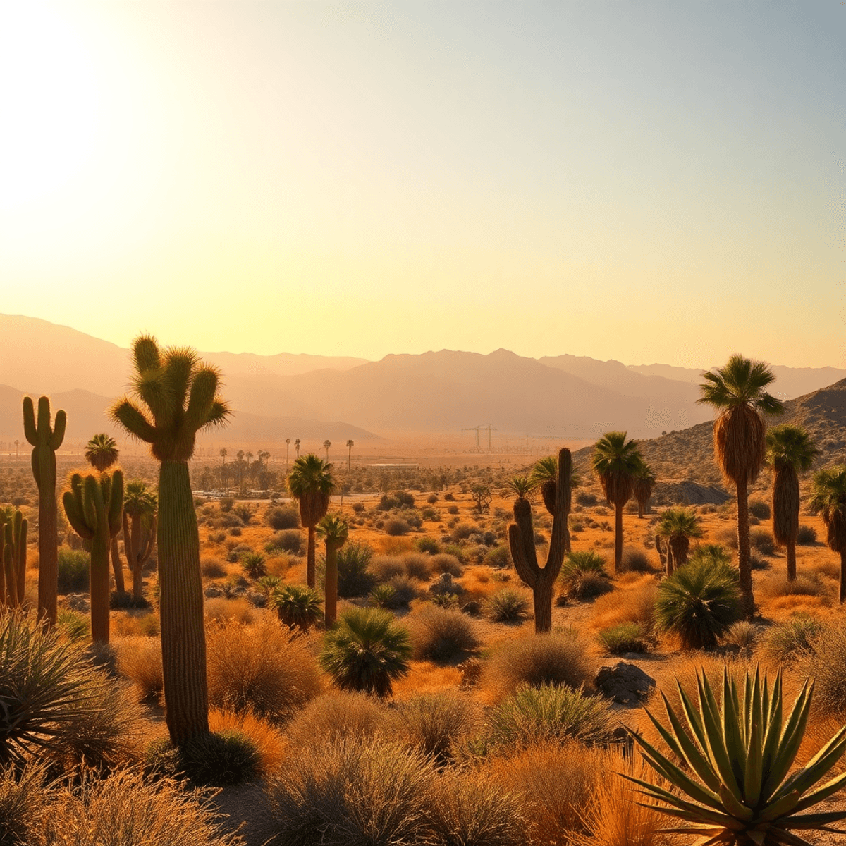 A serene desert landscape in Thousand Palms, California, showcasing cacti, palm trees, and distant mountains under warm sunlight, with subtle heart...