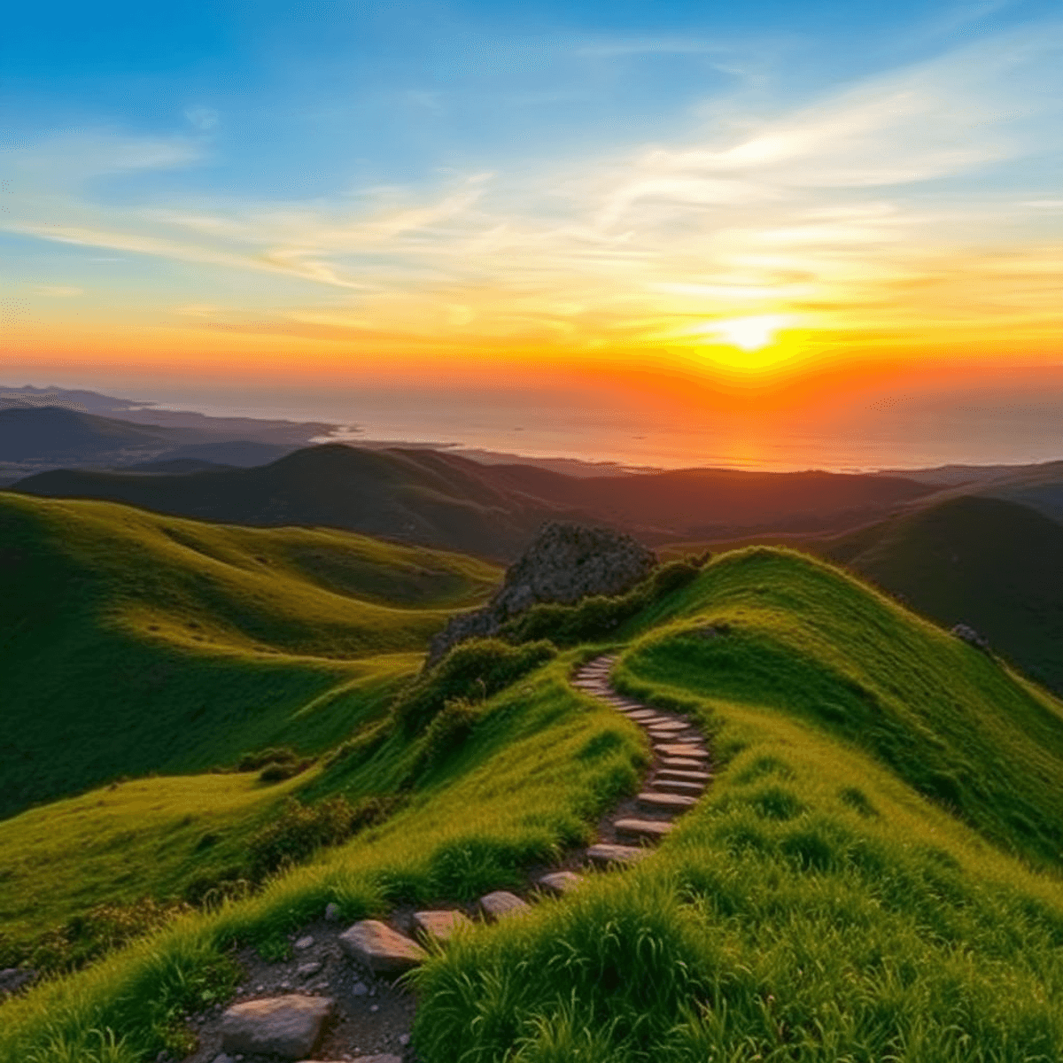 A picturesque sunset over rolling green hills, with a winding hiking trail leading to a lookout point above the ocean, creating a romantic and adve...