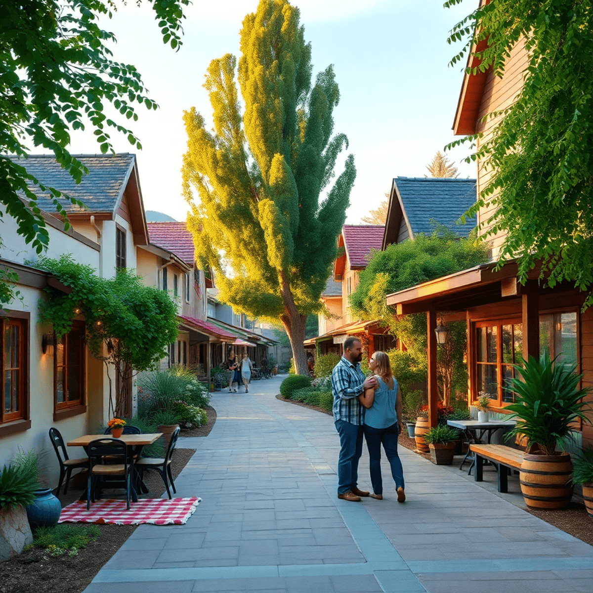 A charming outdoor scene in Gold River, California, featuring lush greenery, inviting pathways, picnic blankets, and a couple enjoying a casual dat...