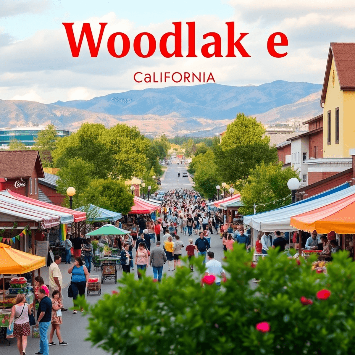 A vibrant small town festival in Woodlake, California, featuring colorful decorations, food stalls, and people enjoying the lively atmosphere in be...