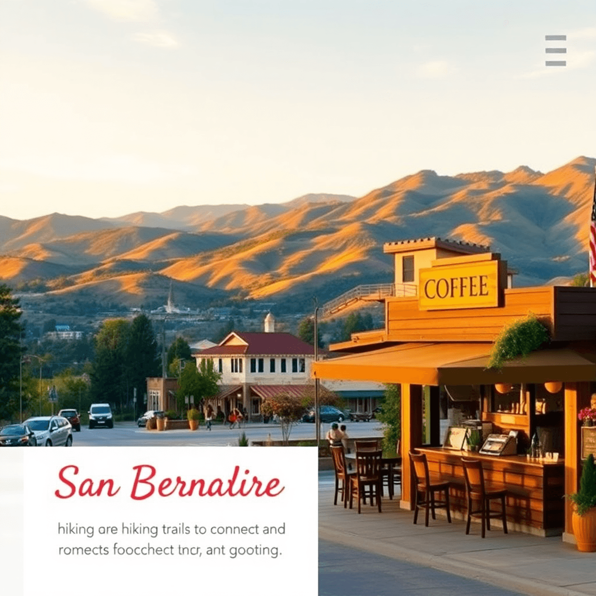 A cozy coffee shop in the foreground with scenic San Bernardino Mountains in the background, surrounded by lush greenery and hints of hiking trails...