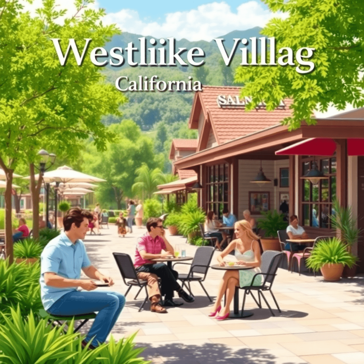 A lively outdoor scene in Westlake Village, featuring couples enjoying a sunny day at cafes and parks, surrounded by lush greenery and bright South...