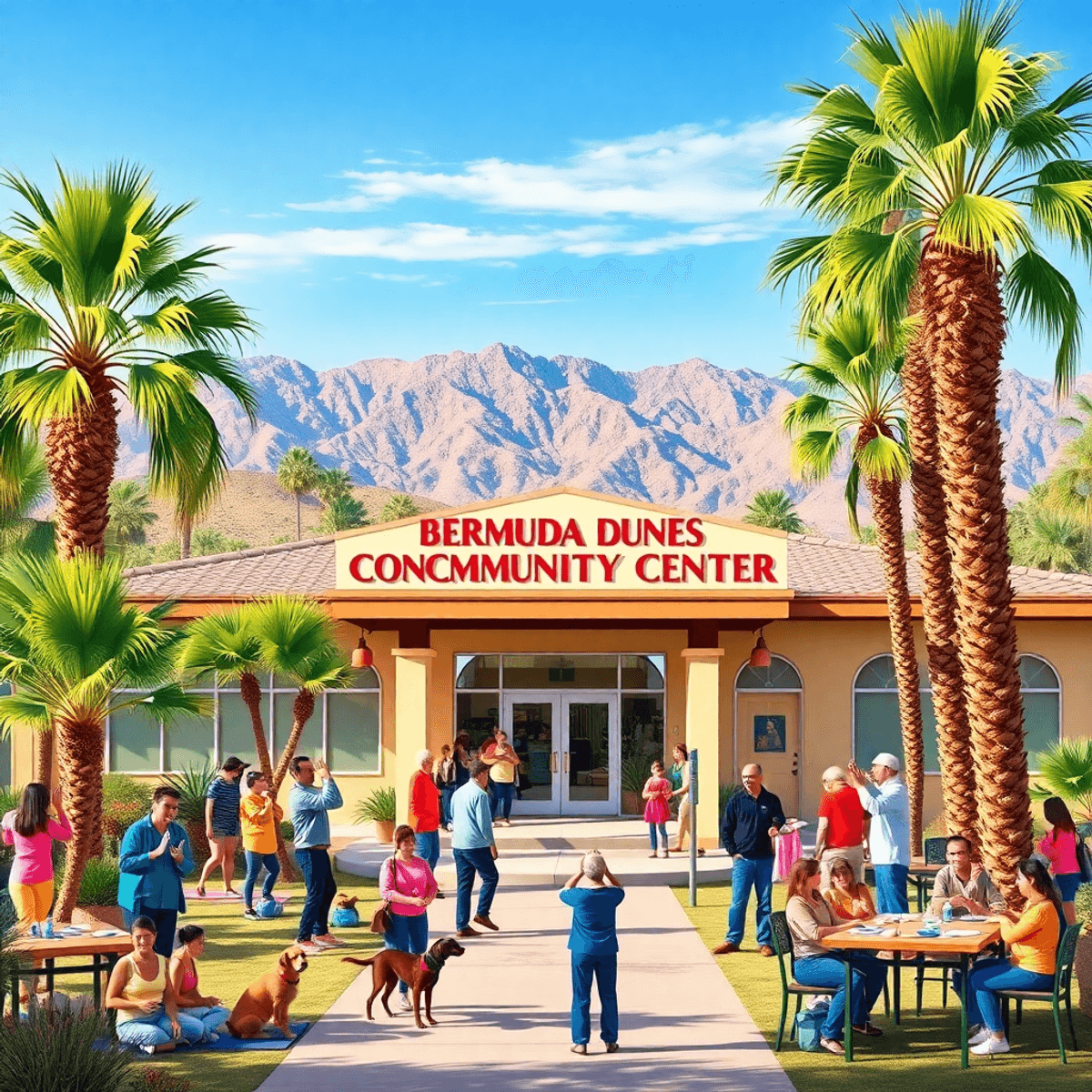 A lively community center in Bermuda Dunes, surrounded by palm trees and desert scenery, with people enjoying yoga, dog training, and social gather...