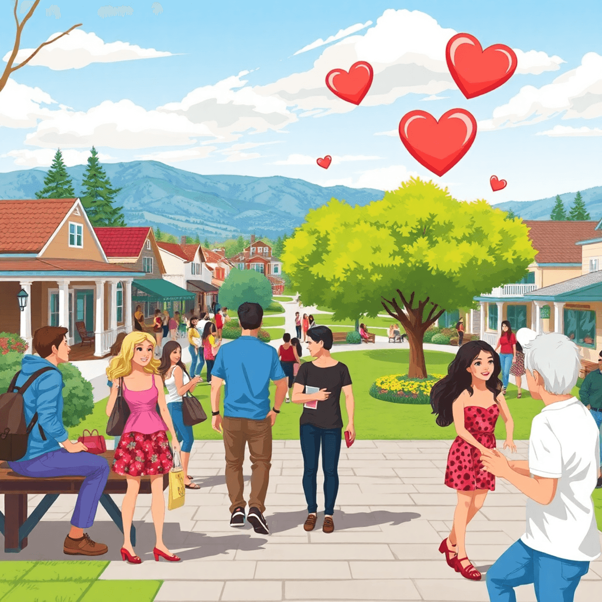 A lively small-town park scene with individuals chatting and participating in outdoor activities, surrounded by symbols of romance like hearts and ...