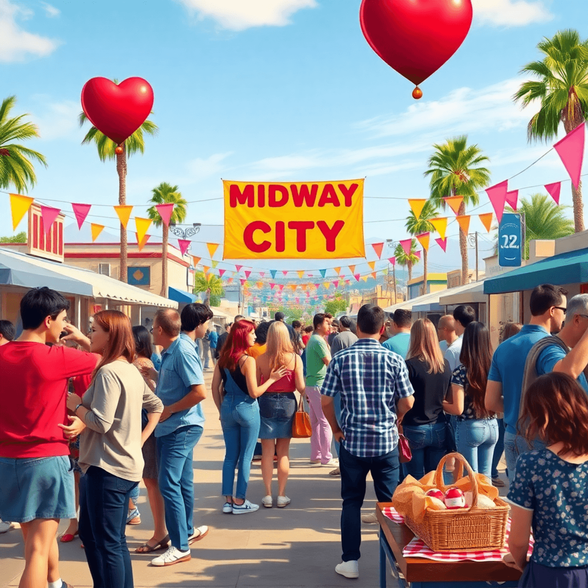 A lively community gathering in Midway City with singles chatting, palm trees, colorful banners, heart decorations, and picnic setups, all under Ca...