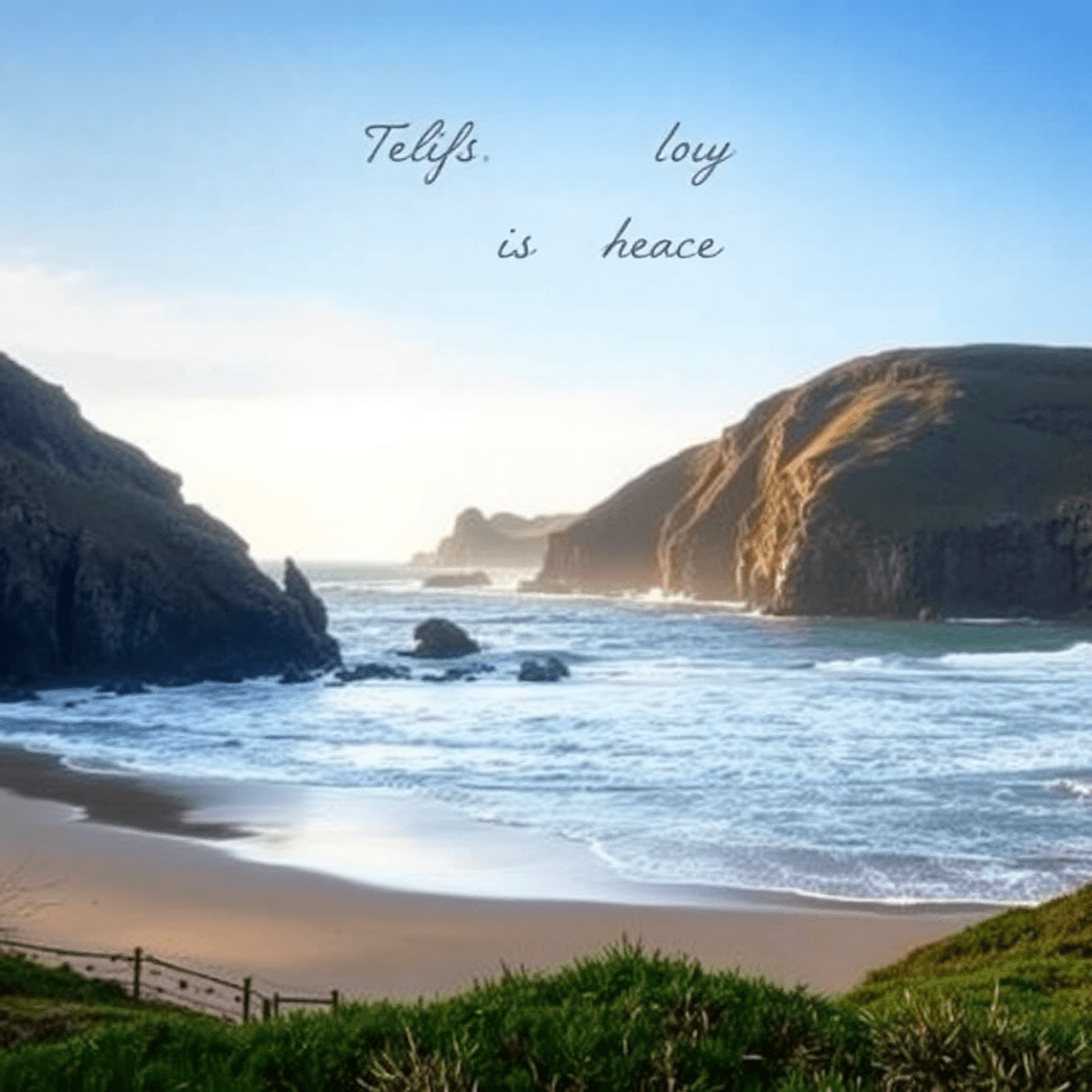 A breathtaking coastal view of Half Moon Bay, with dramatic cliffs, crashing waves, and a serene beach in the foreground, evoking romance and tranq...