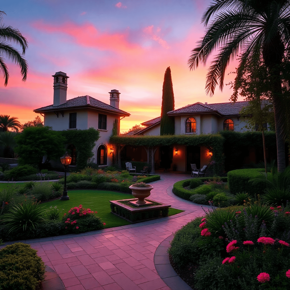 A romantic sunset over a historic estate surrounded by lush gardens, creating a warm and inviting atmosphere ideal for love and connection.