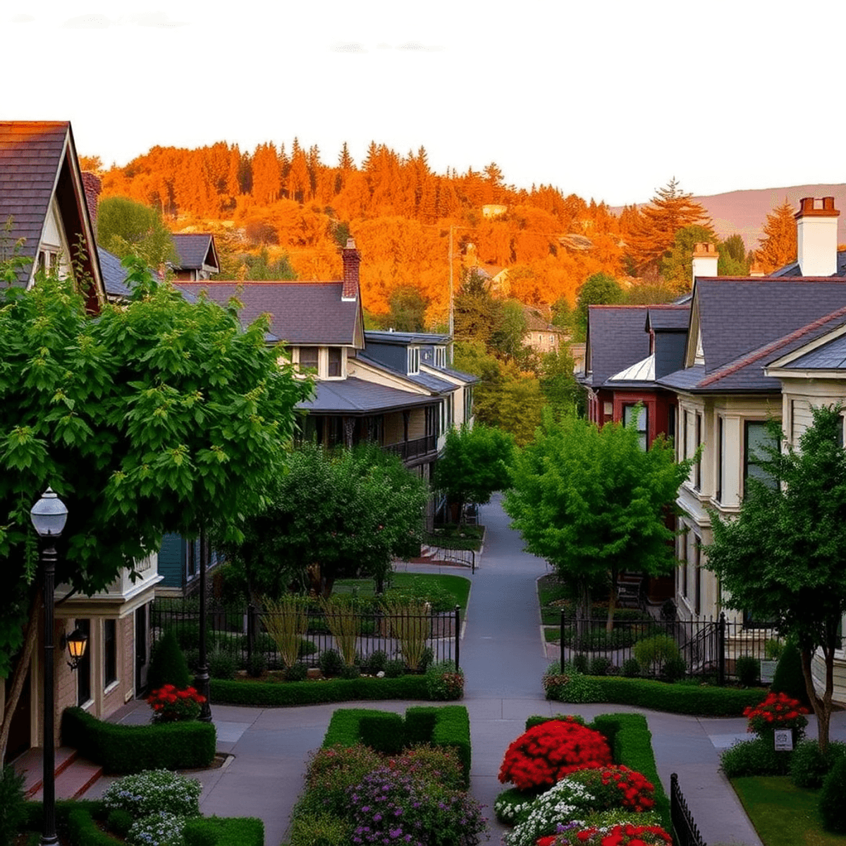 A scenic view of Healdsburg, California, featuring charming Victorian buildings, tree-lined streets, and vibrant gardens, creating a warm and roman...