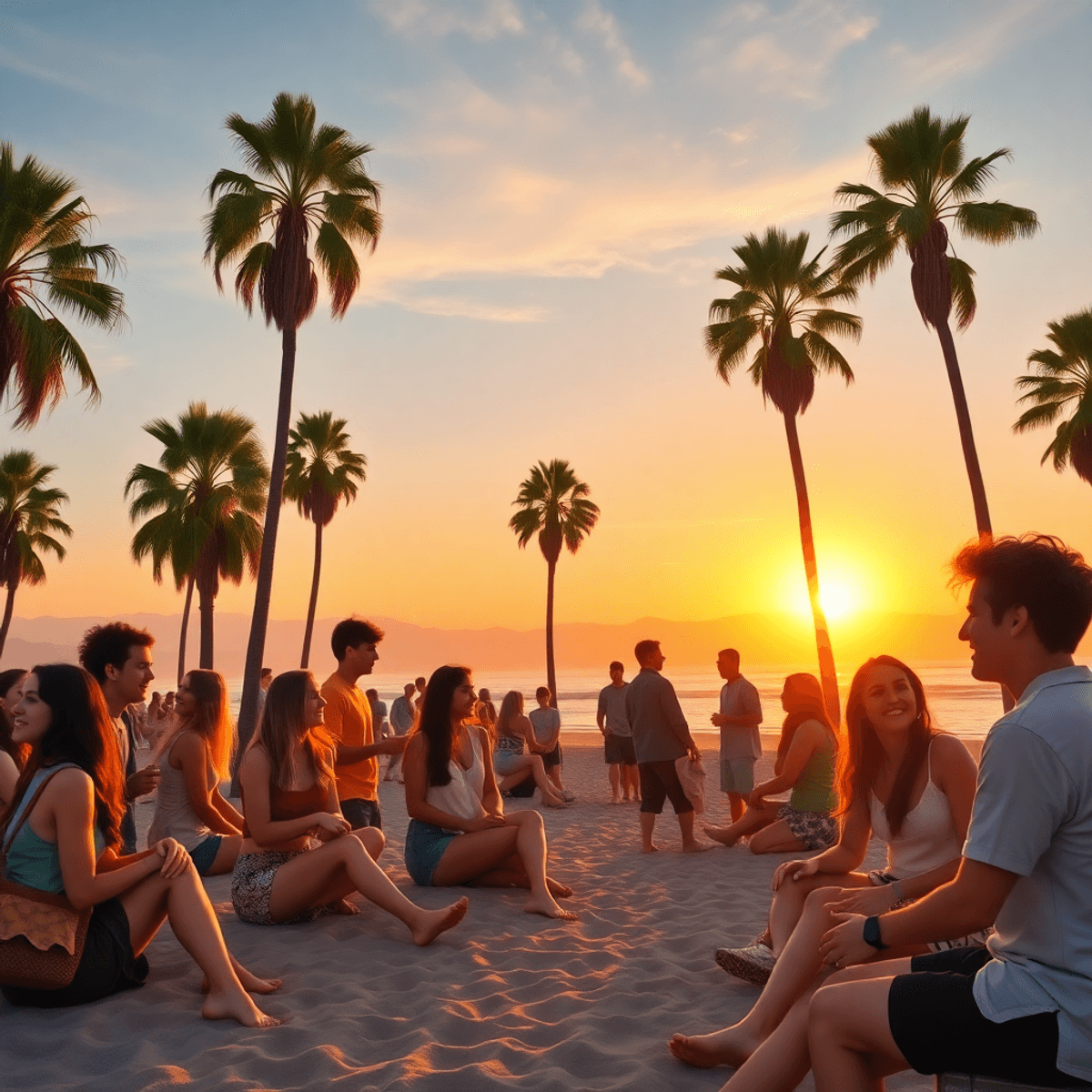 A lively beach scene at sunset with young adults chatting and laughing, surrounded by palm trees and the ocean, capturing a relaxed social atmosphere.