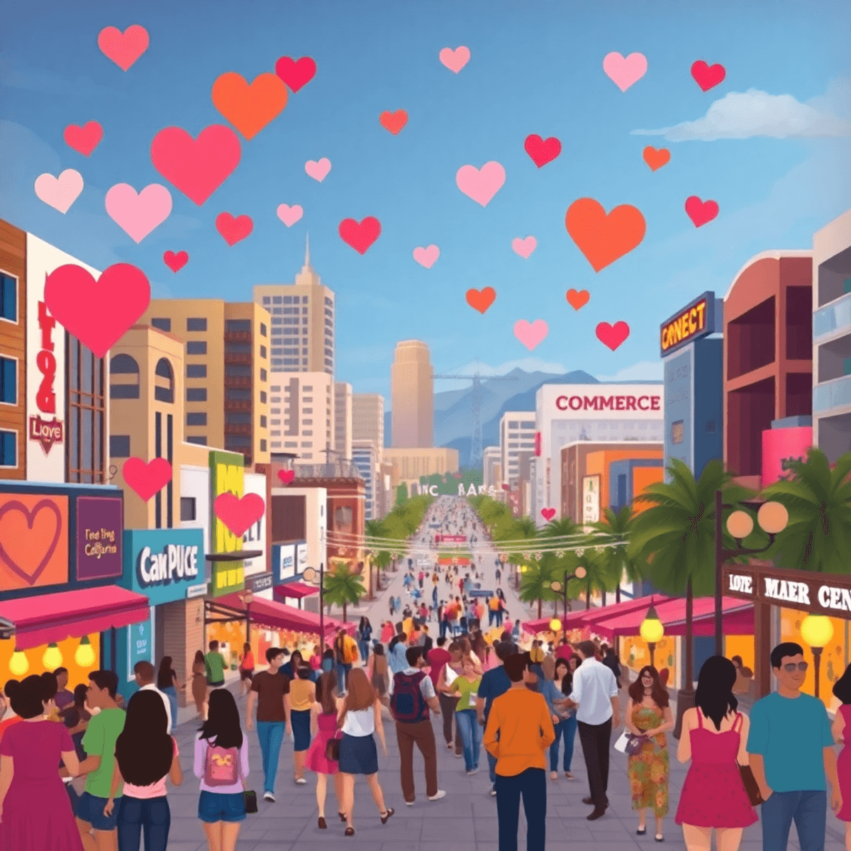 A colorful cityscape of Commerce, California, showcasing heart shapes and vibrant community events with abstract figures mingling and digital icons...