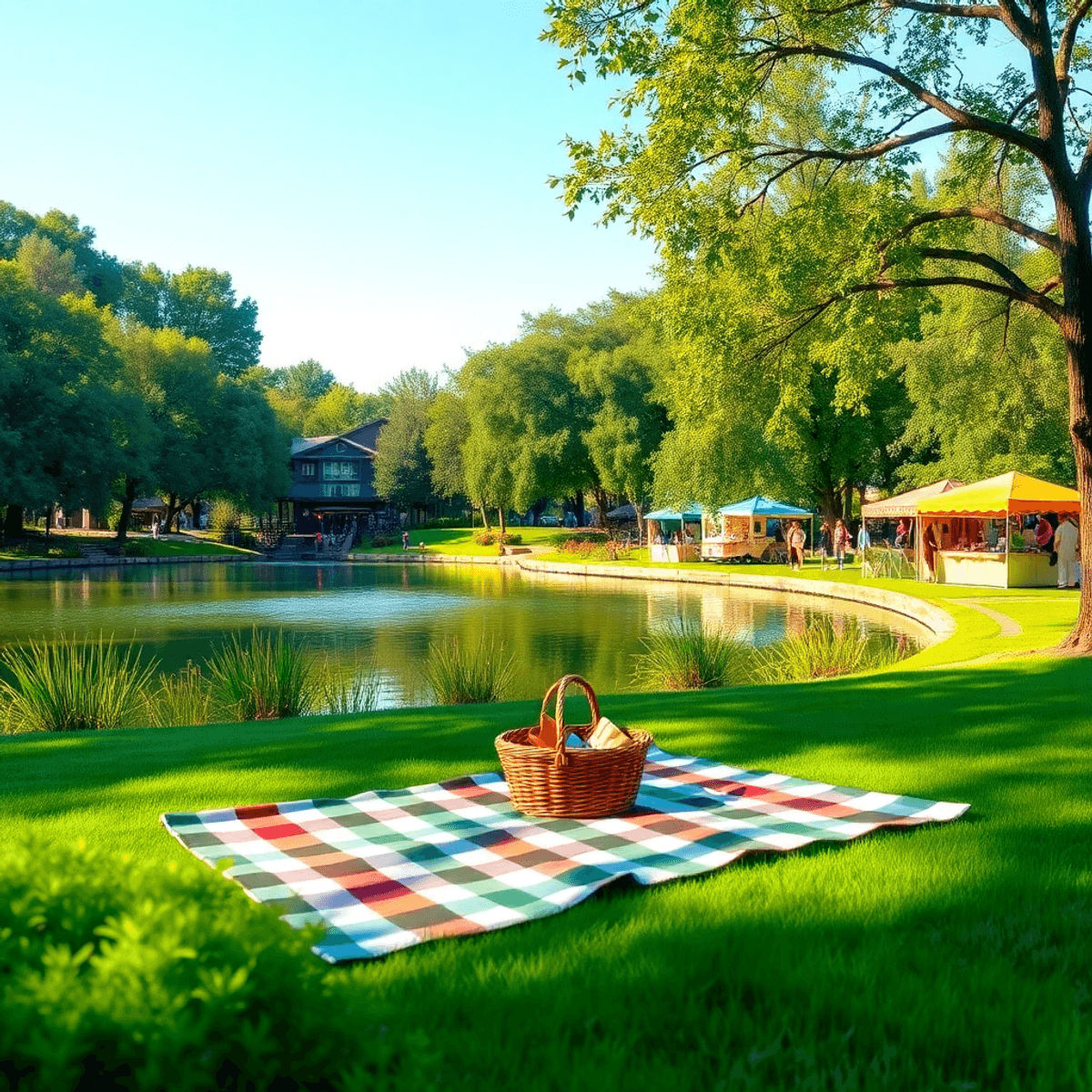A picturesque lake surrounded by lush greenery, featuring a picnic setup with a blanket and basket, alongside hints of community events like art di...