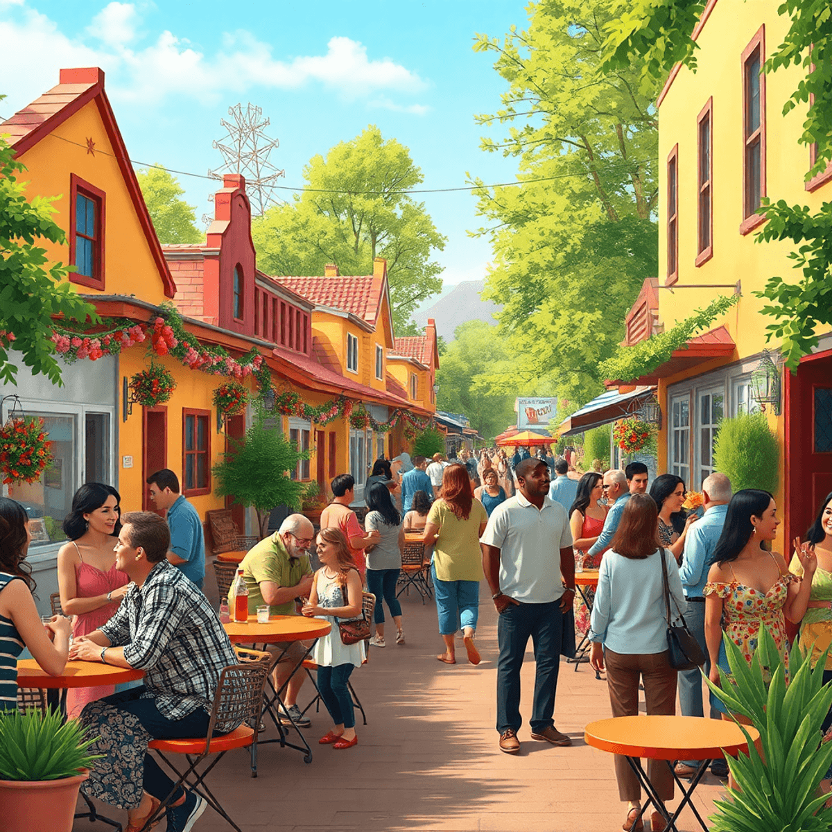 A lively small-town street scene in Winton, California, with singles mingling at outdoor cafes and parks, surrounded by greenery, rustic buildings,...
