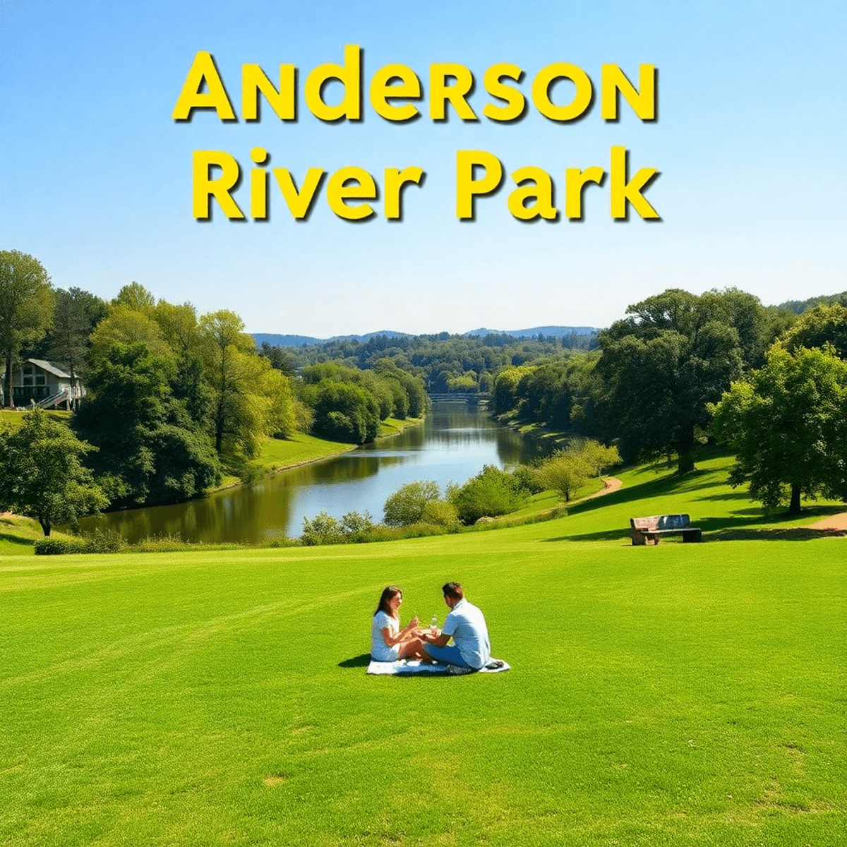 A scenic view of Anderson River Park with lush greenery, the Sacramento River, and a couple enjoying a picnic on the grass in a relaxed outdoor set...