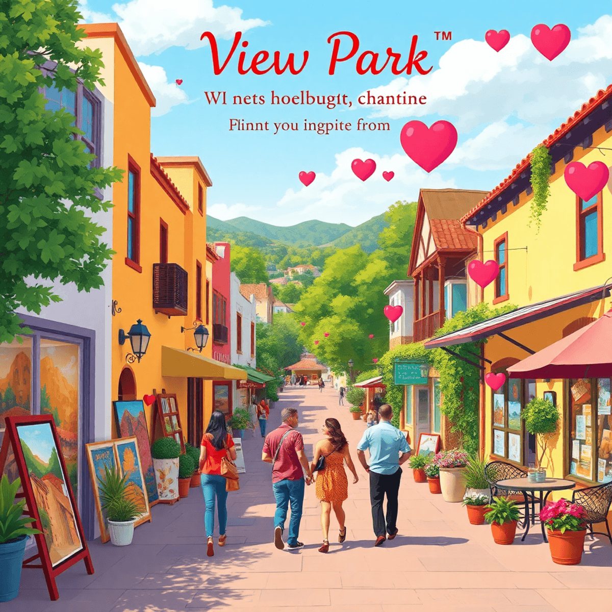 A vibrant neighborhood scene in View Park-Windsor Hills, showcasing colorful art galleries and cafes, with couples enjoying the atmosphere and hear...