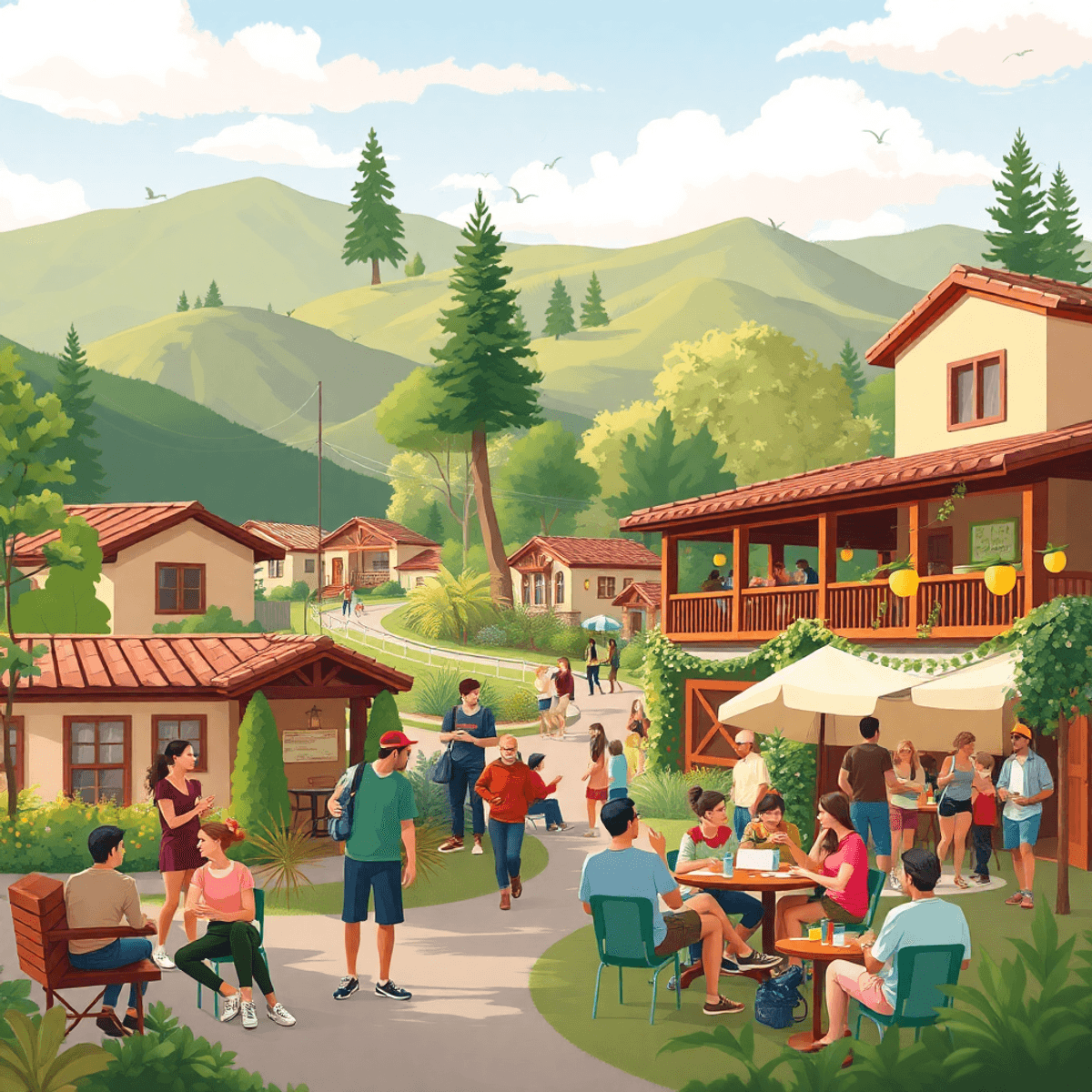 A lively community scene in Camino Tassajara, California, featuring outdoor activities, local eateries, and people enjoying group gatherings in a w...