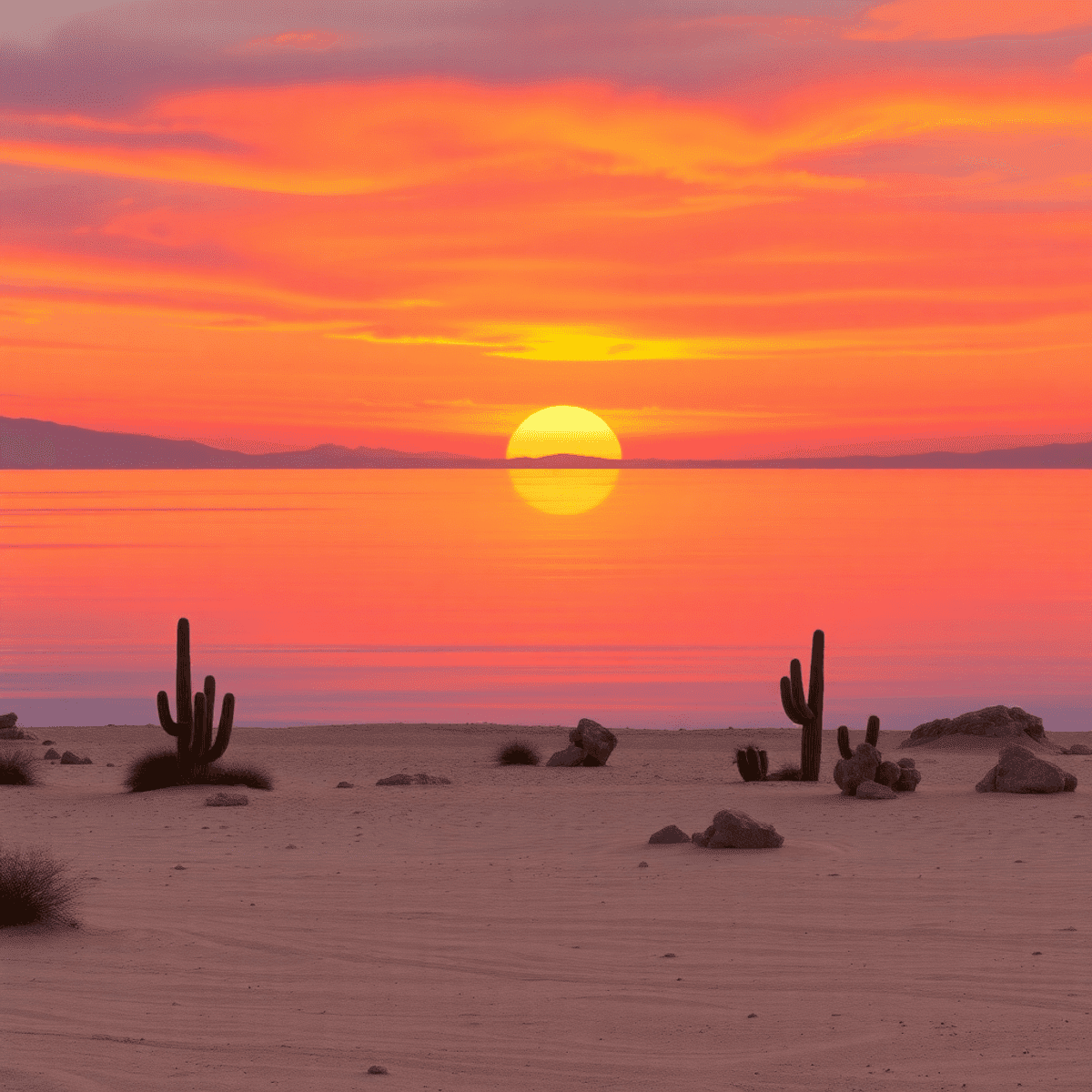 A tranquil sunset over the Salton Sea, with calm waters reflecting orange and pink hues, a secluded beach, cacti, and rocky formations in the deser...
