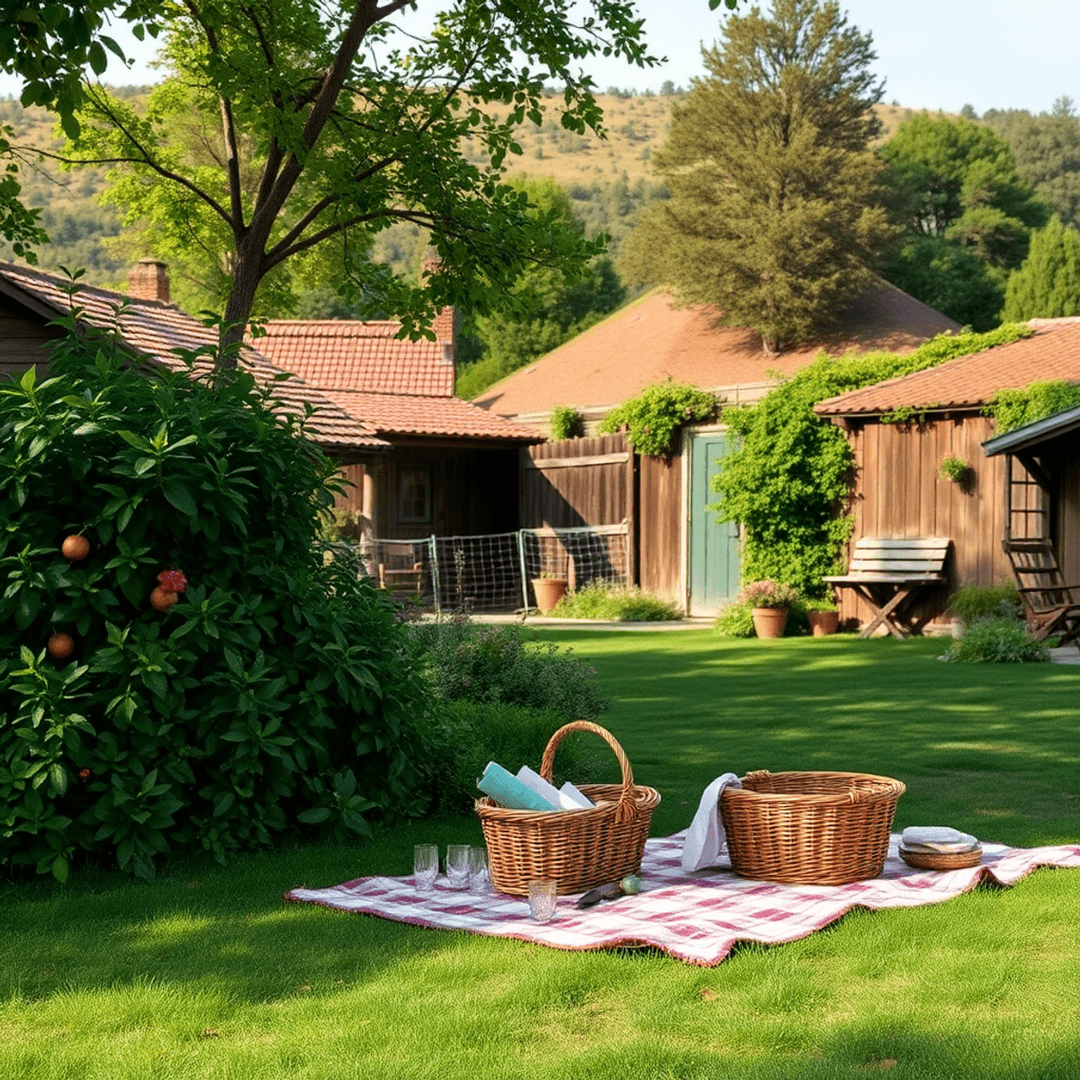 A serene rural scene in Wilton, California, with lush greenery, a cozy picnic setup featuring a blanket and basket, evoking romance and community i...