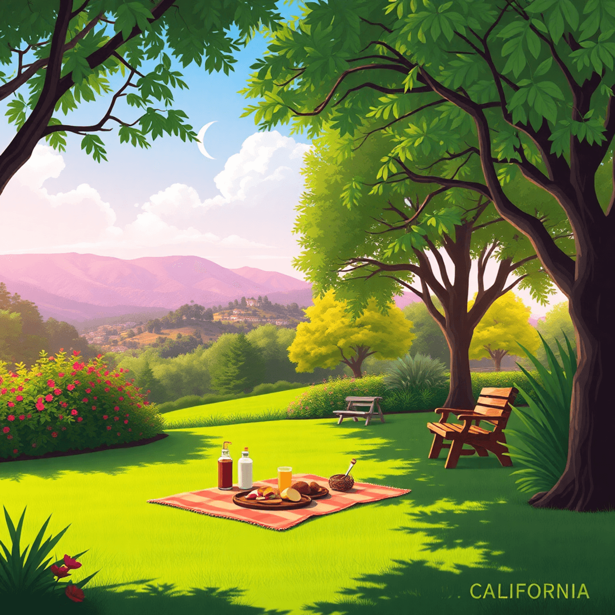 A scenic park in Lucas Valley-Marinwood featuring lush greenery, a picnic setup with a blanket and food, and hints of nearby hiking trails, evoking...