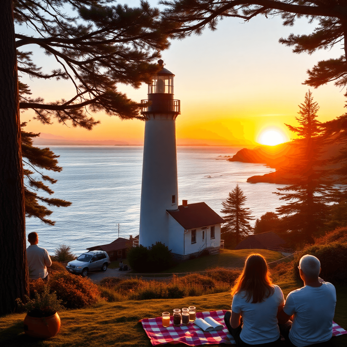 A picturesque sunset over Crescent City, California, with Battery Point Lighthouse surrounded by redwoods. A couple enjoys a picnic, highlighting t...