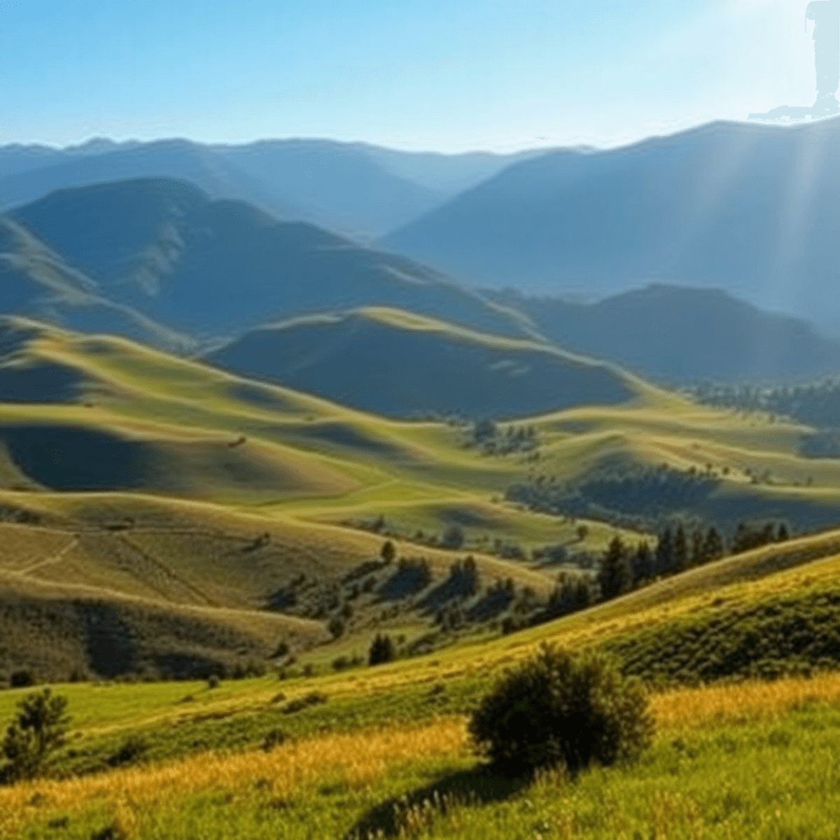A scenic view of rolling hills and sunlit meadows in Jamul, California, with majestic mountains in the background, creating a charming and tranquil...